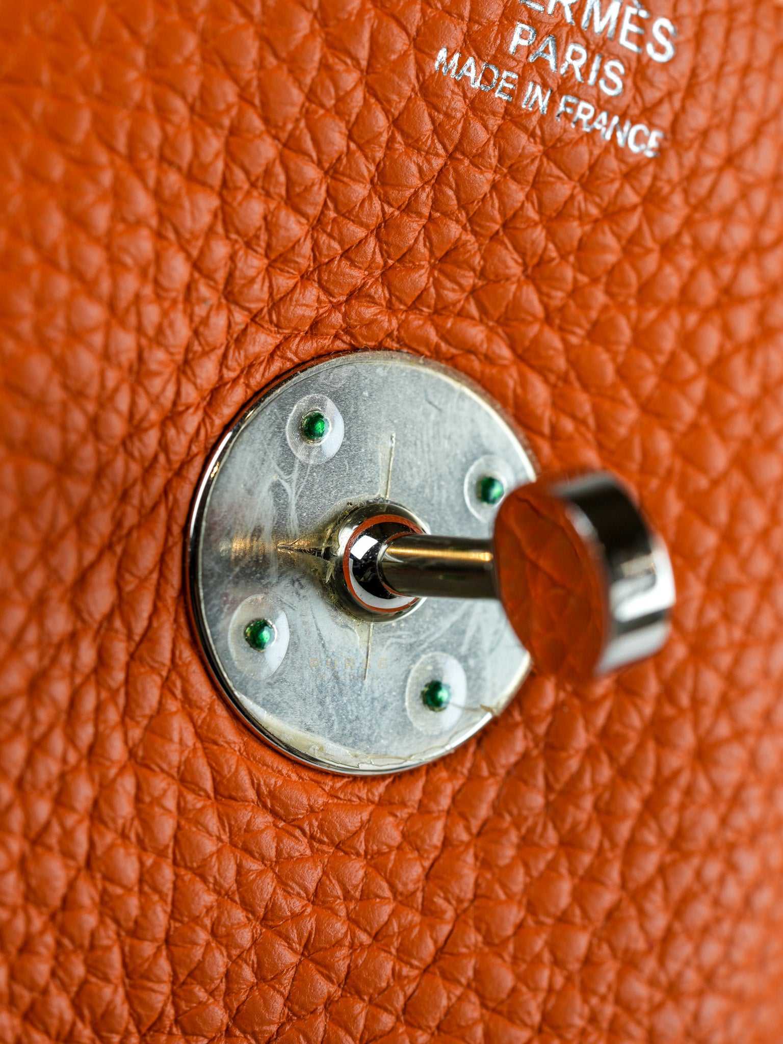 Lindy 34 Orange Clemence Leather and Palladium Hardware Stamp Square O (2011) | Purse Maison Luxury Bags Shop