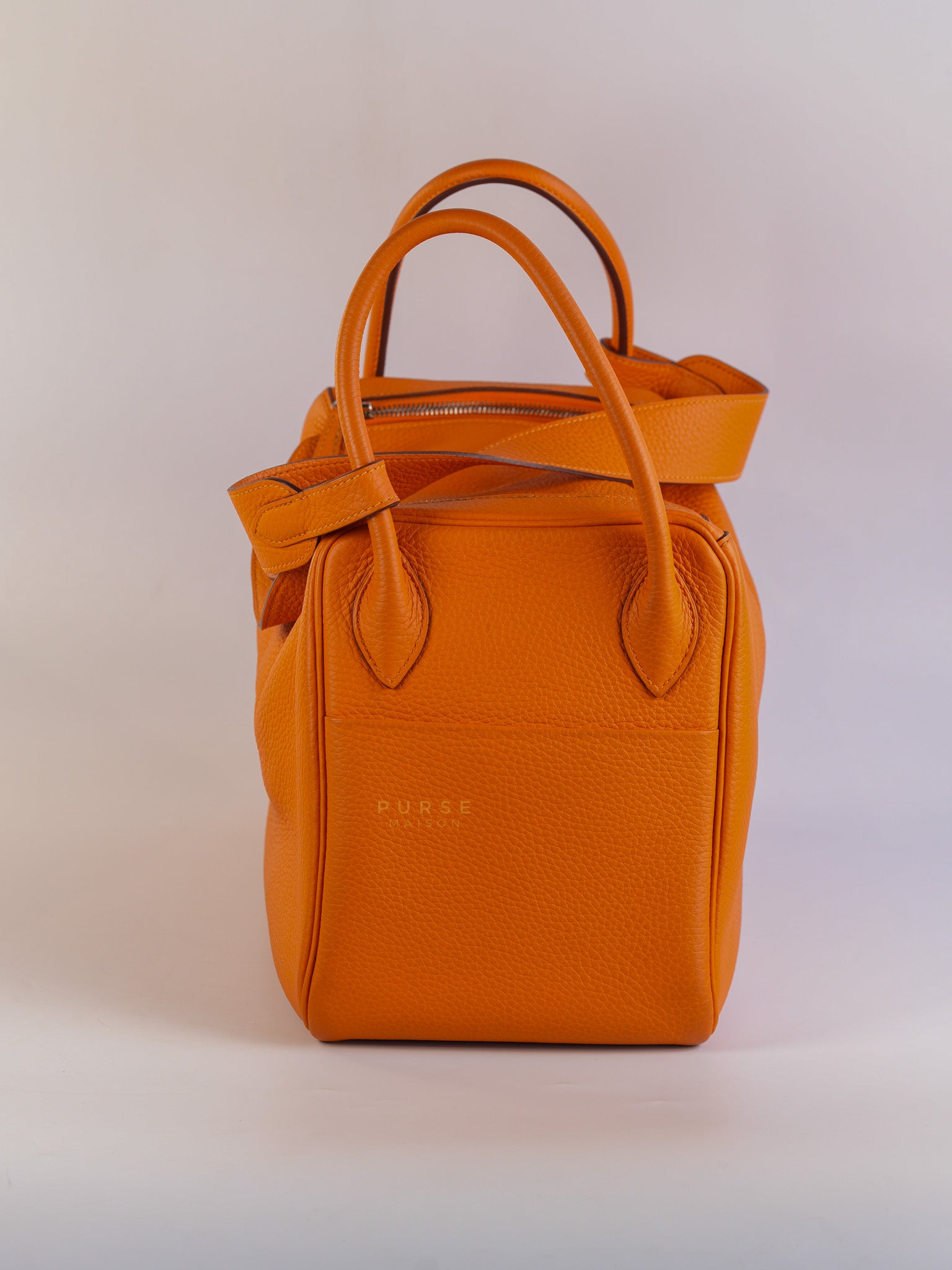 Lindy 34 Orange Clemence Leather and Palladium Hardware Stamp Square O (2011) | Purse Maison Luxury Bags Shop