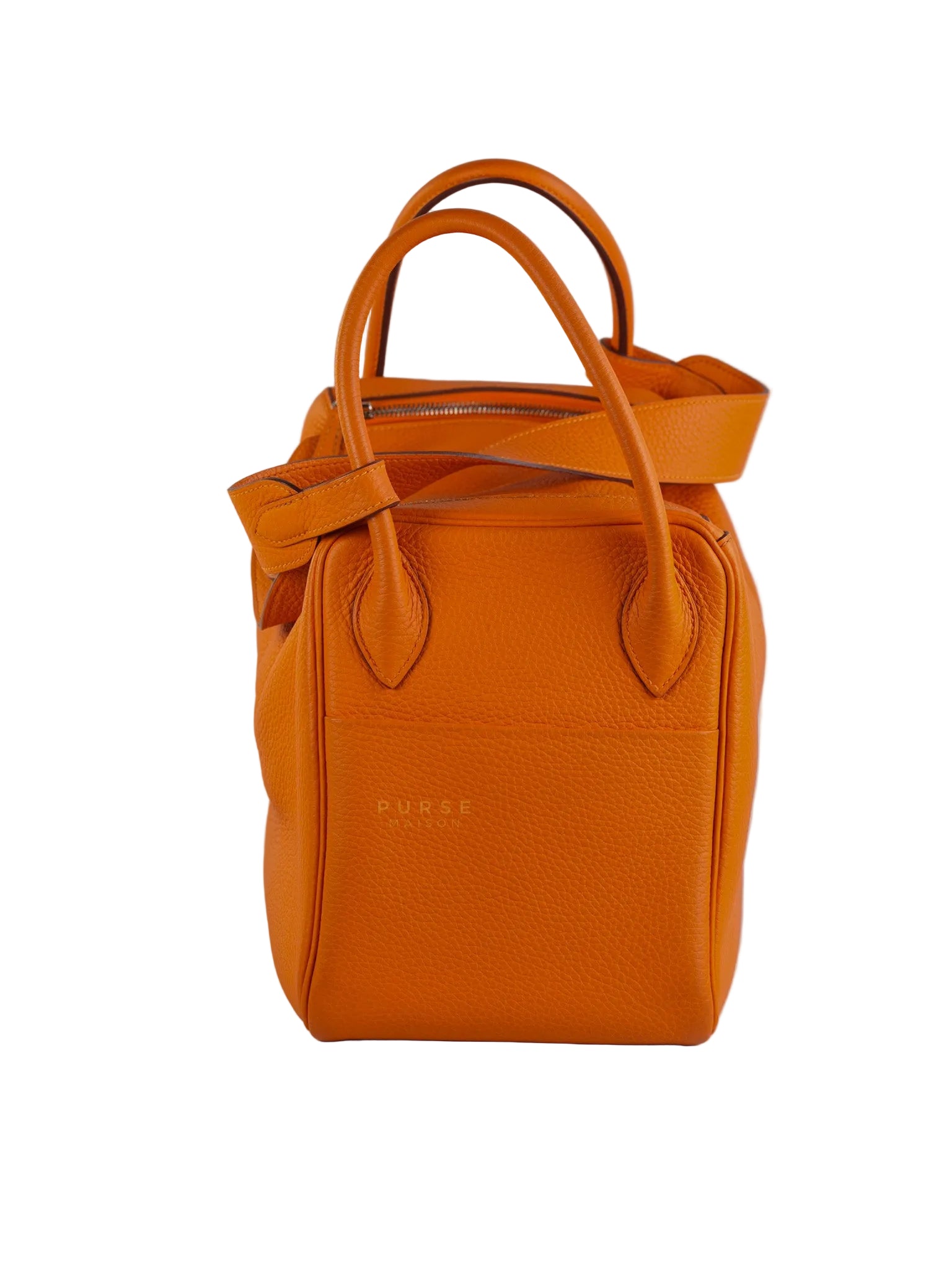 Lindy 34 Orange Clemence Leather and Palladium Hardware Stamp Square O (2011) | Purse Maison Luxury Bags Shop