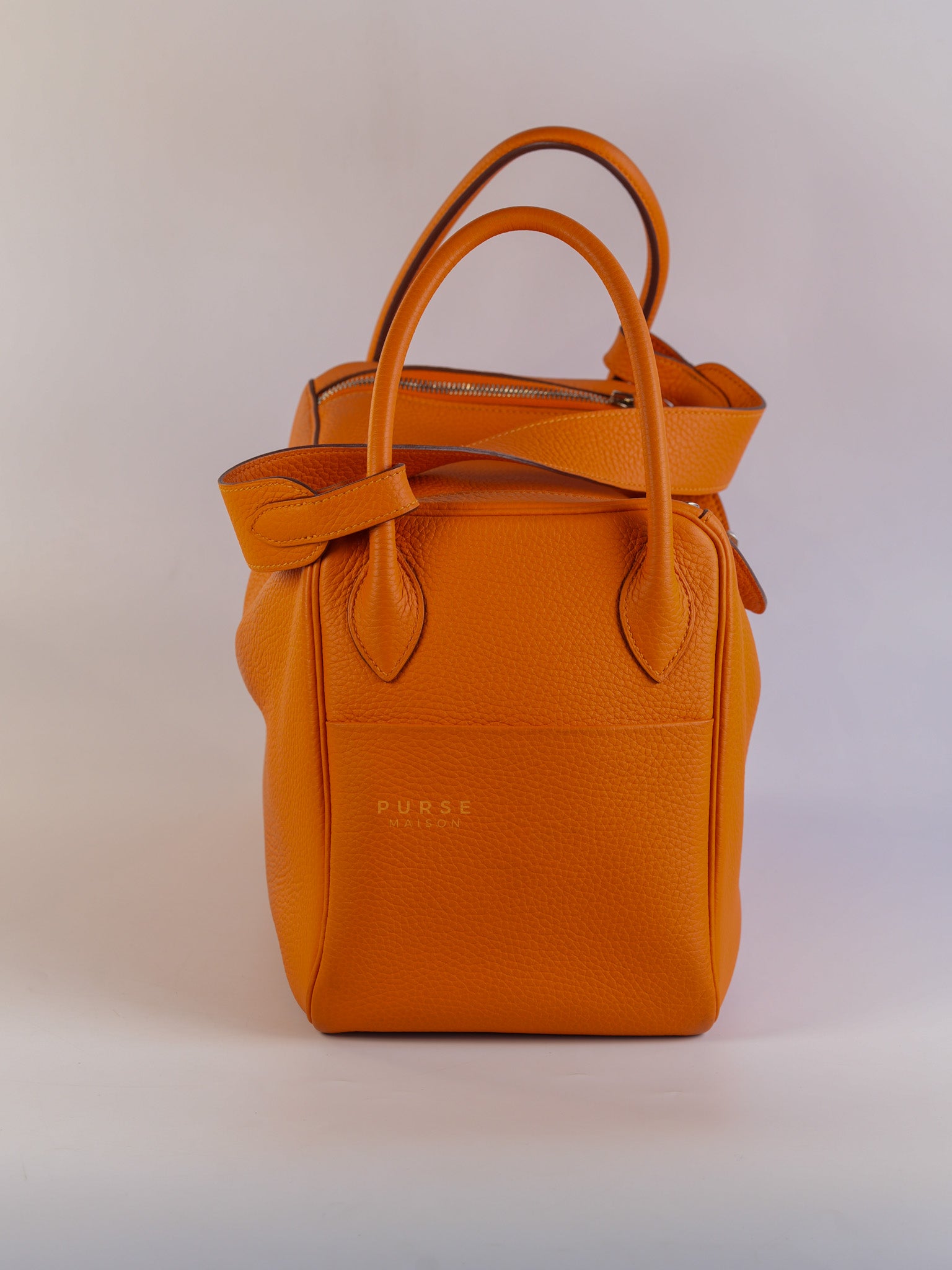 Lindy 34 Orange Clemence Leather and Palladium Hardware Stamp Square O (2011) | Purse Maison Luxury Bags Shop