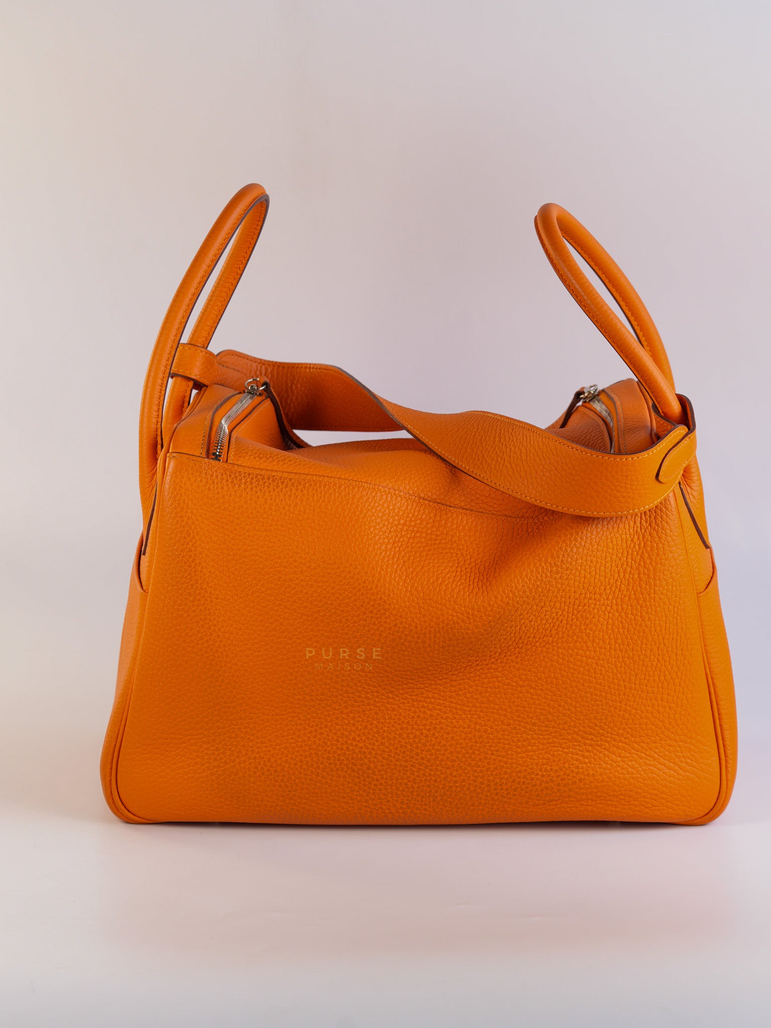 Lindy 34 Orange Clemence Leather and Palladium Hardware Stamp Square O (2011) | Purse Maison Luxury Bags Shop