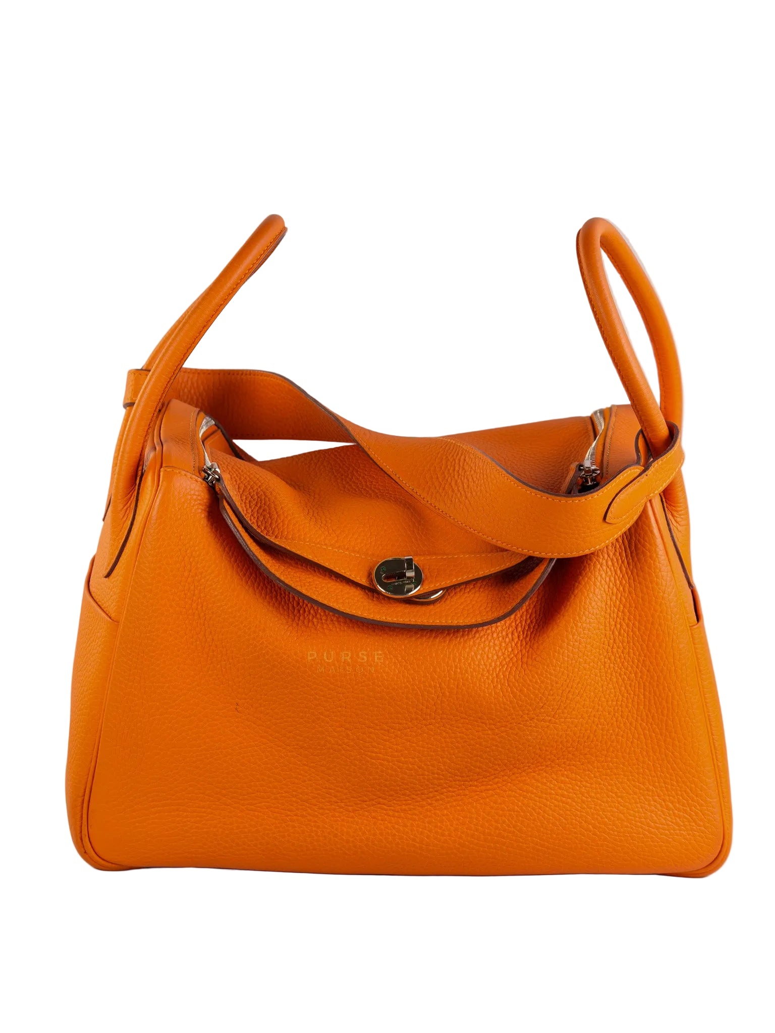Lindy 34 Orange Clemence Leather and Palladium Hardware Stamp Square O (2011) | Purse Maison Luxury Bags Shop