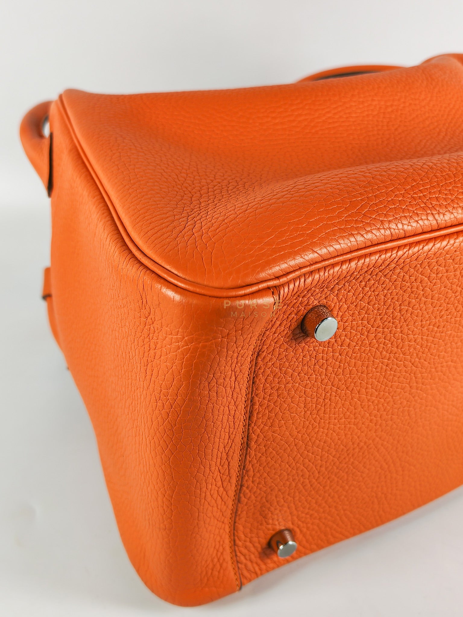 Lindy 36 in Feu (Orange) Clemence Leather and Palladium Hardware Stamp Square R (2014) | Purse Maison Luxury Bags Shop