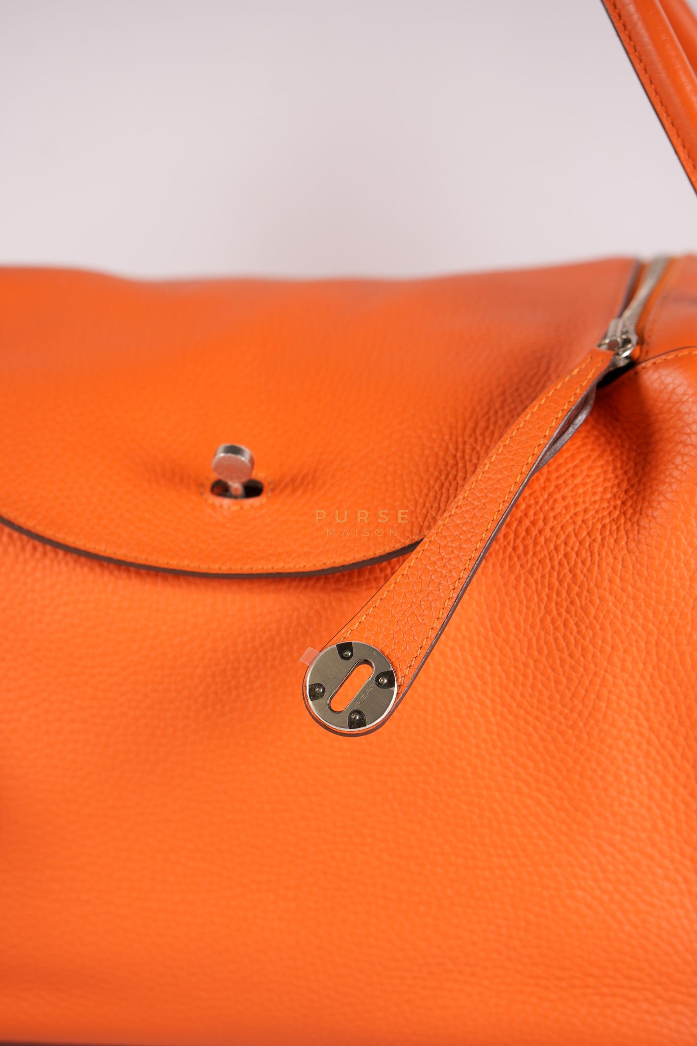 Lindy 36 in Feu (Orange) Clemence Leather and Palladium Hardware Stamp Square R (2014) | Purse Maison Luxury Bags Shop