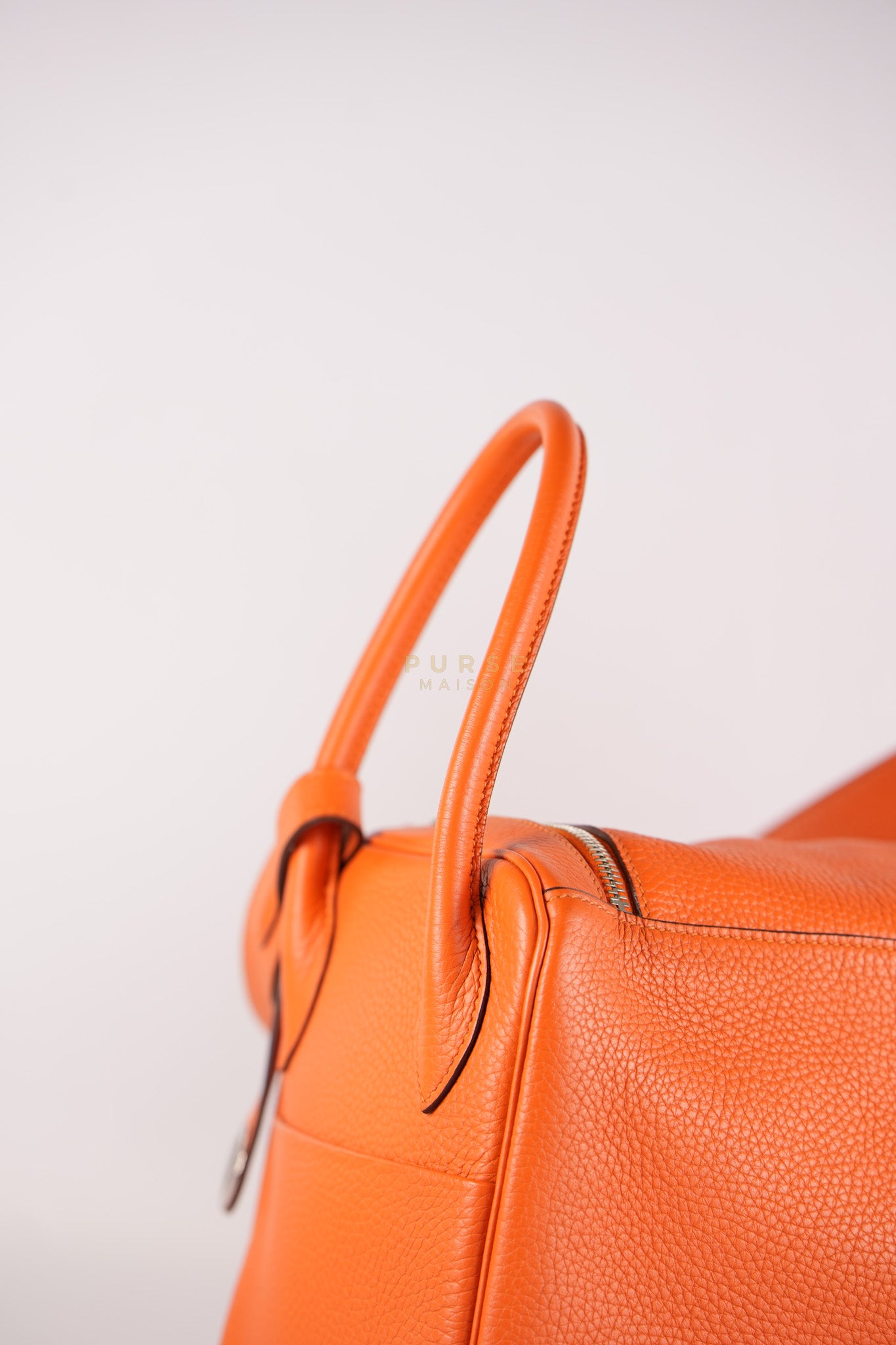Lindy 36 in Feu (Orange) Clemence Leather and Palladium Hardware Stamp Square R (2014) | Purse Maison Luxury Bags Shop