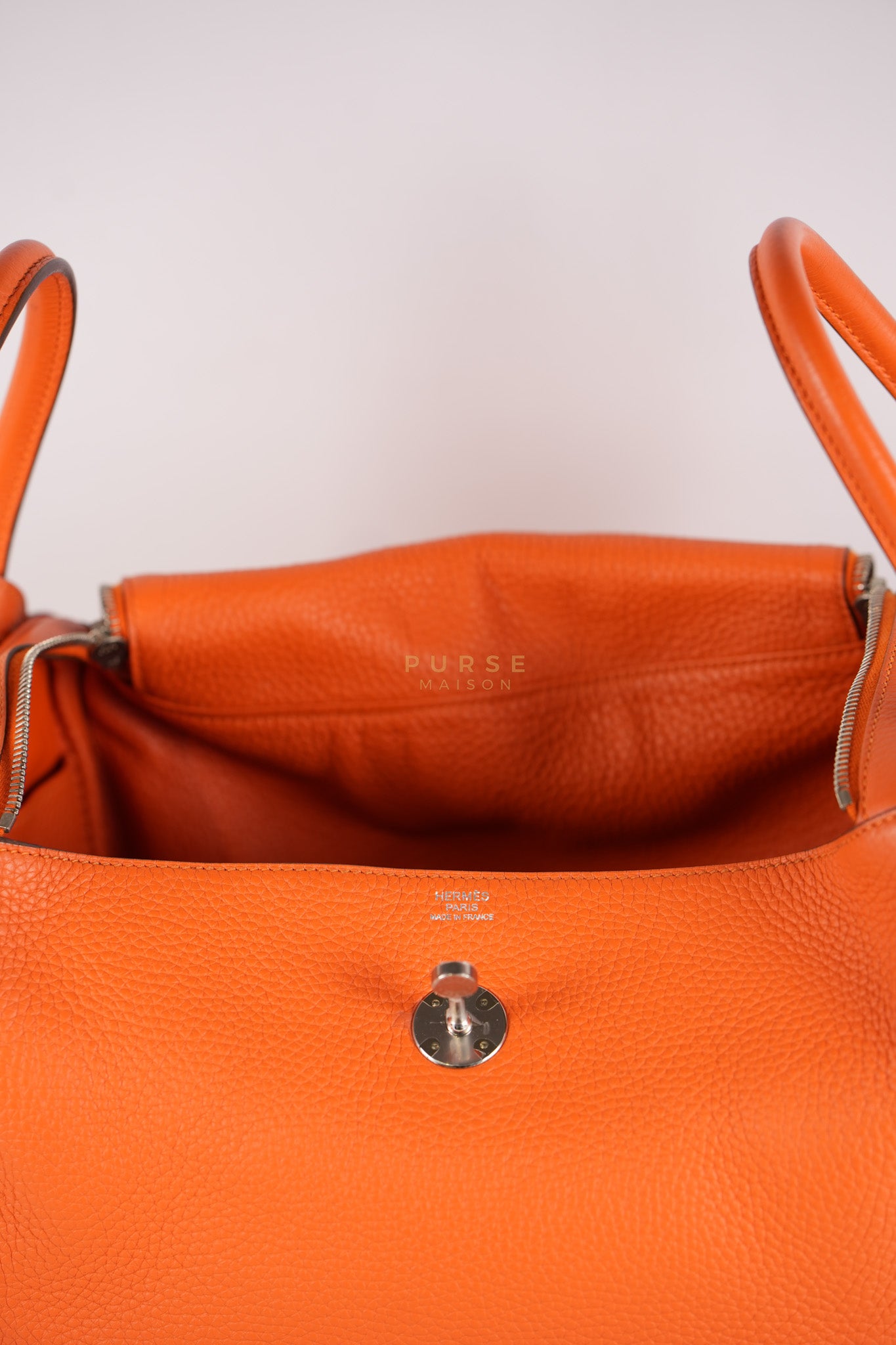 Lindy 36 in Feu (Orange) Clemence Leather and Palladium Hardware Stamp Square R (2014) | Purse Maison Luxury Bags Shop