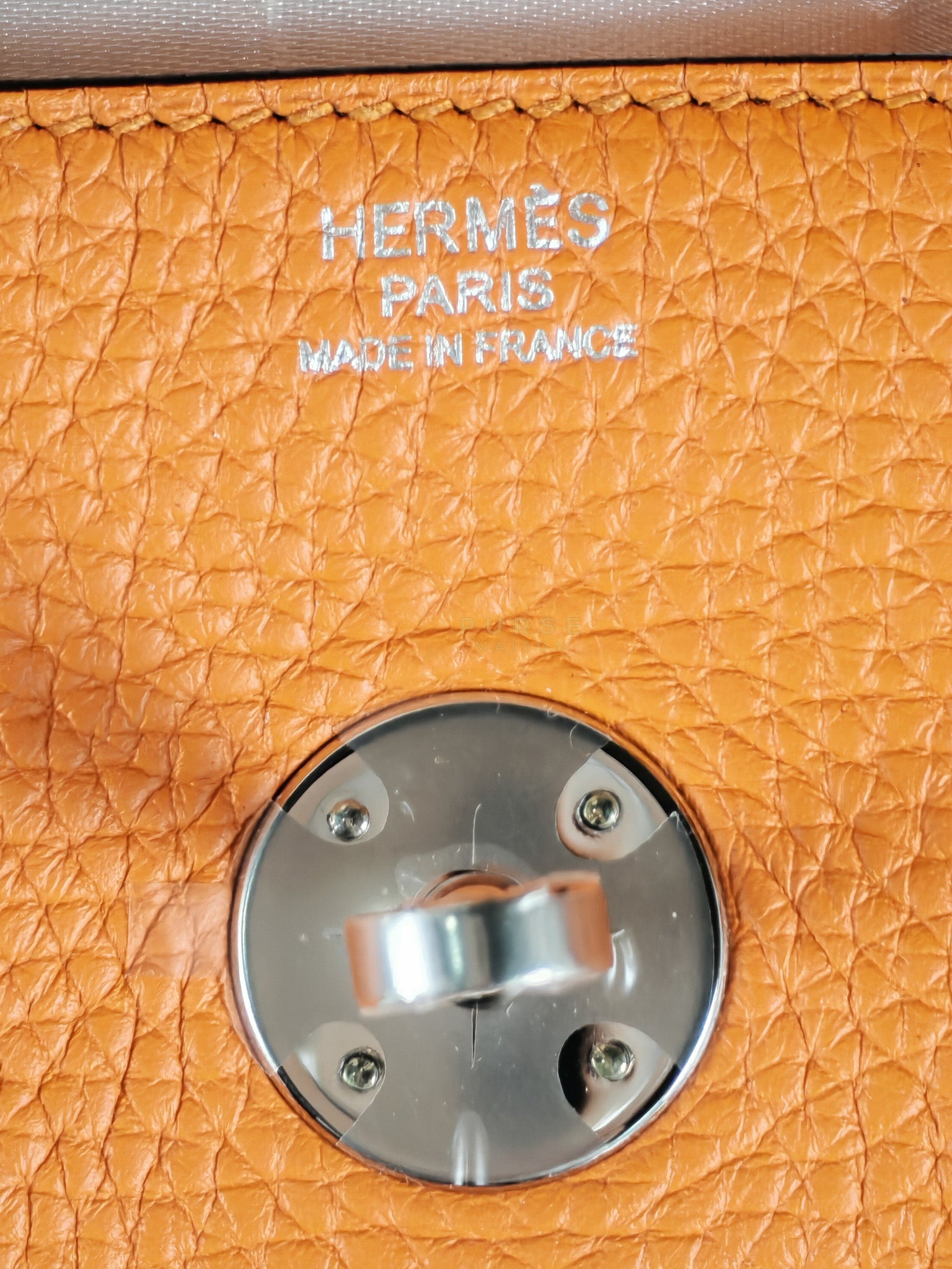 Lindy 36 in Feu (Orange) Clemence Leather and Palladium Hardware Stamp Square R (2014) | Purse Maison Luxury Bags Shop