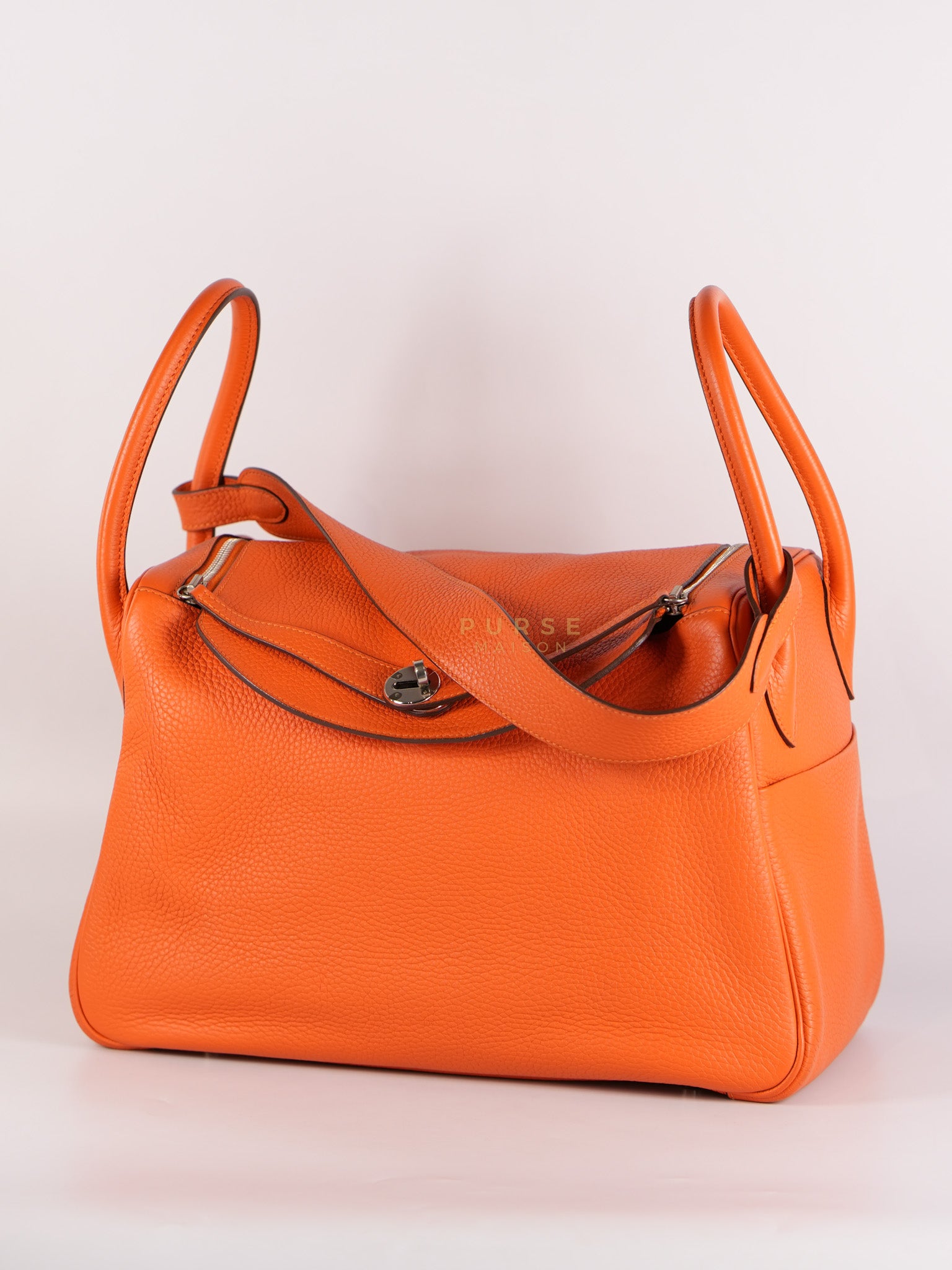 Lindy 36 in Feu (Orange) Clemence Leather and Palladium Hardware Stamp Square R (2014) | Purse Maison Luxury Bags Shop