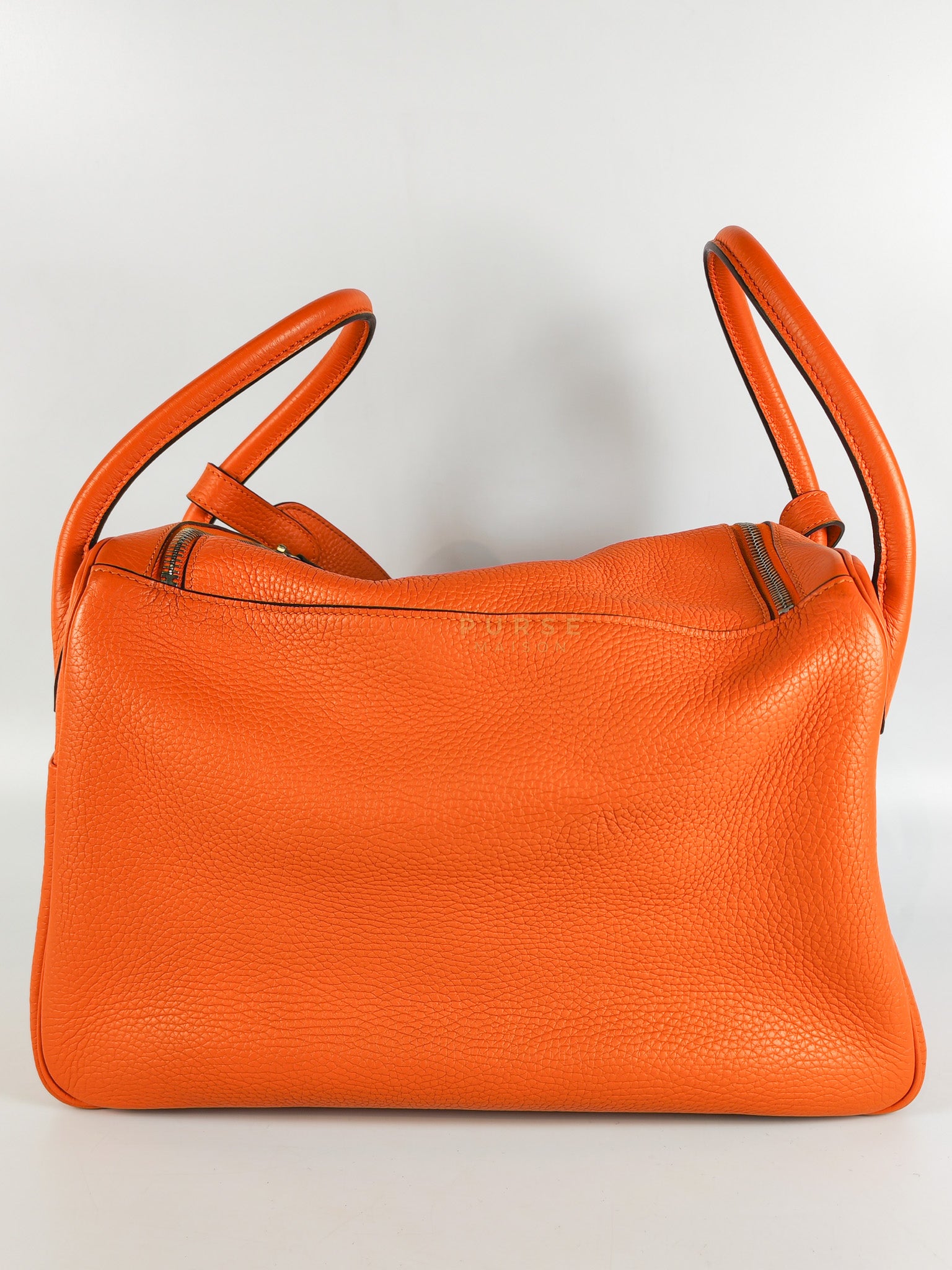 Lindy 36 in Feu (Orange) Clemence Leather and Palladium Hardware Stamp Square R (2014) | Purse Maison Luxury Bags Shop