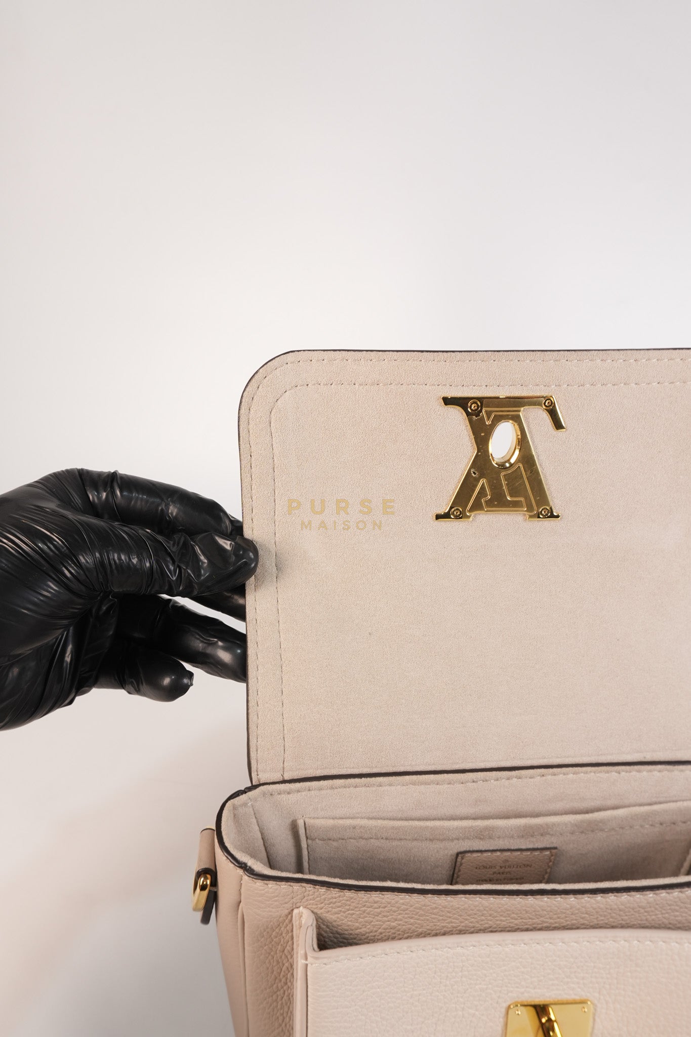 Lock Me Tender BB Bag in Beige Grained Calfskin Leather & Gold Hardware Microchip | Purse Maison Luxury Bags Shop