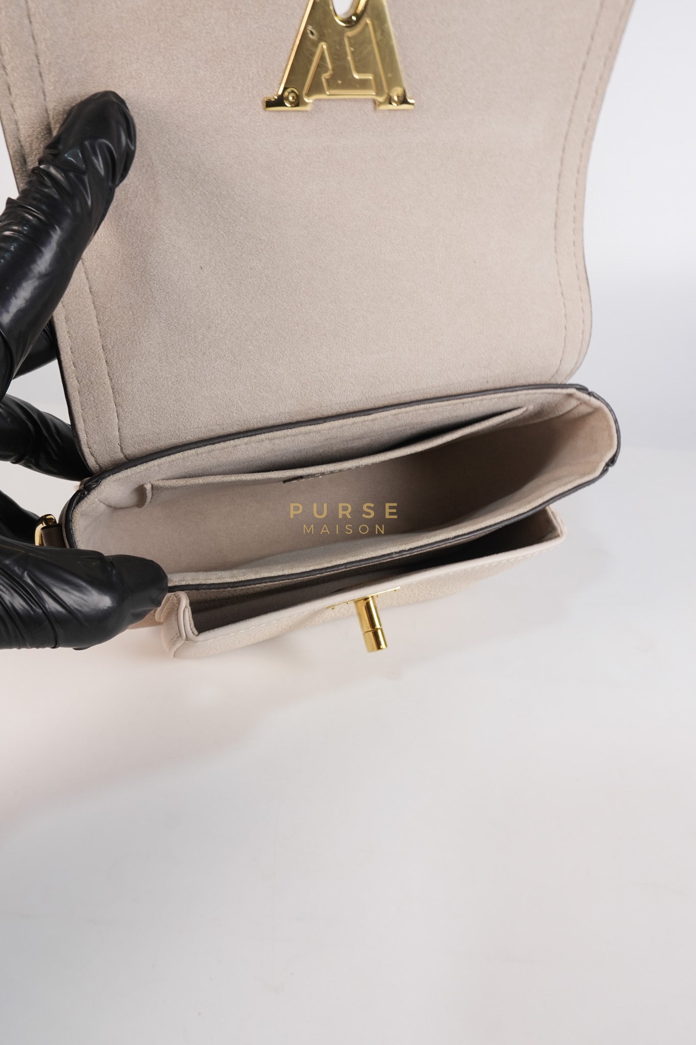 Lock Me Tender BB Bag in Beige Grained Calfskin Leather & Gold Hardware Microchip | Purse Maison Luxury Bags Shop