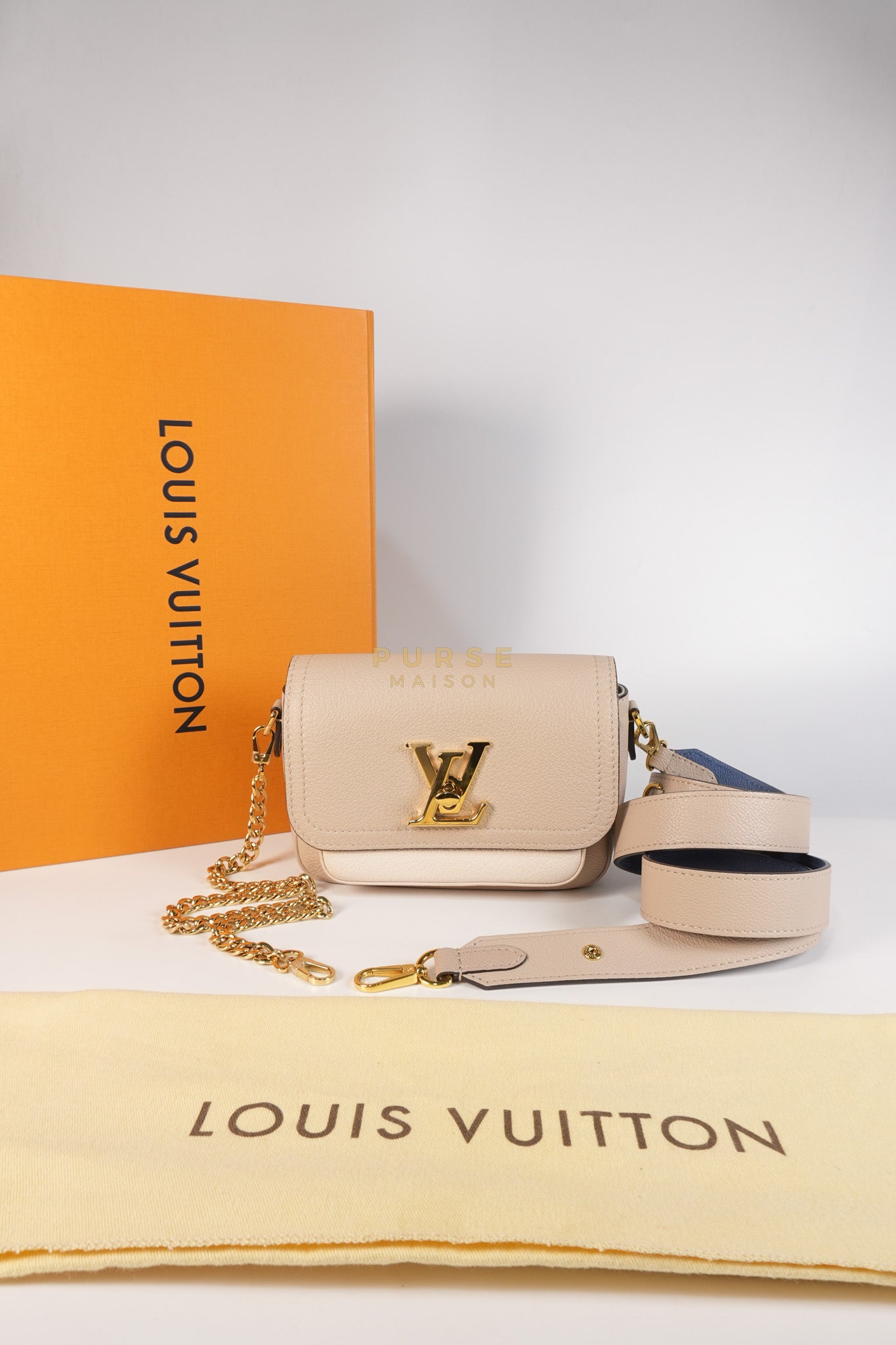 Lock Me Tender BB Bag in Beige Grained Calfskin Leather & Gold Hardware Microchip | Purse Maison Luxury Bags Shop