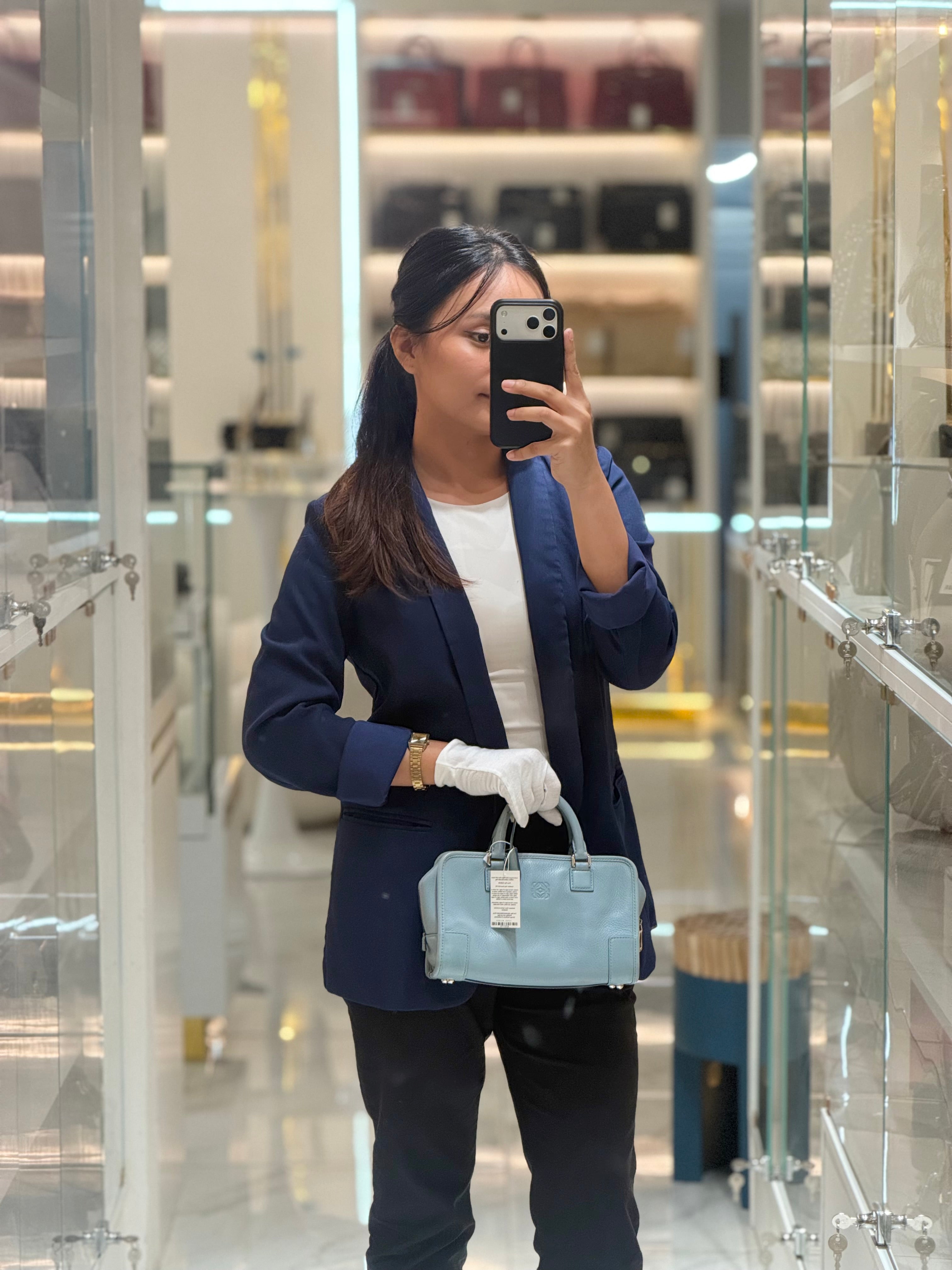 Loewe Amazon Small Stone Blue Soft Graine Calfskin Leather Shoulder Bag | Purse Maison Luxury Bags Shop