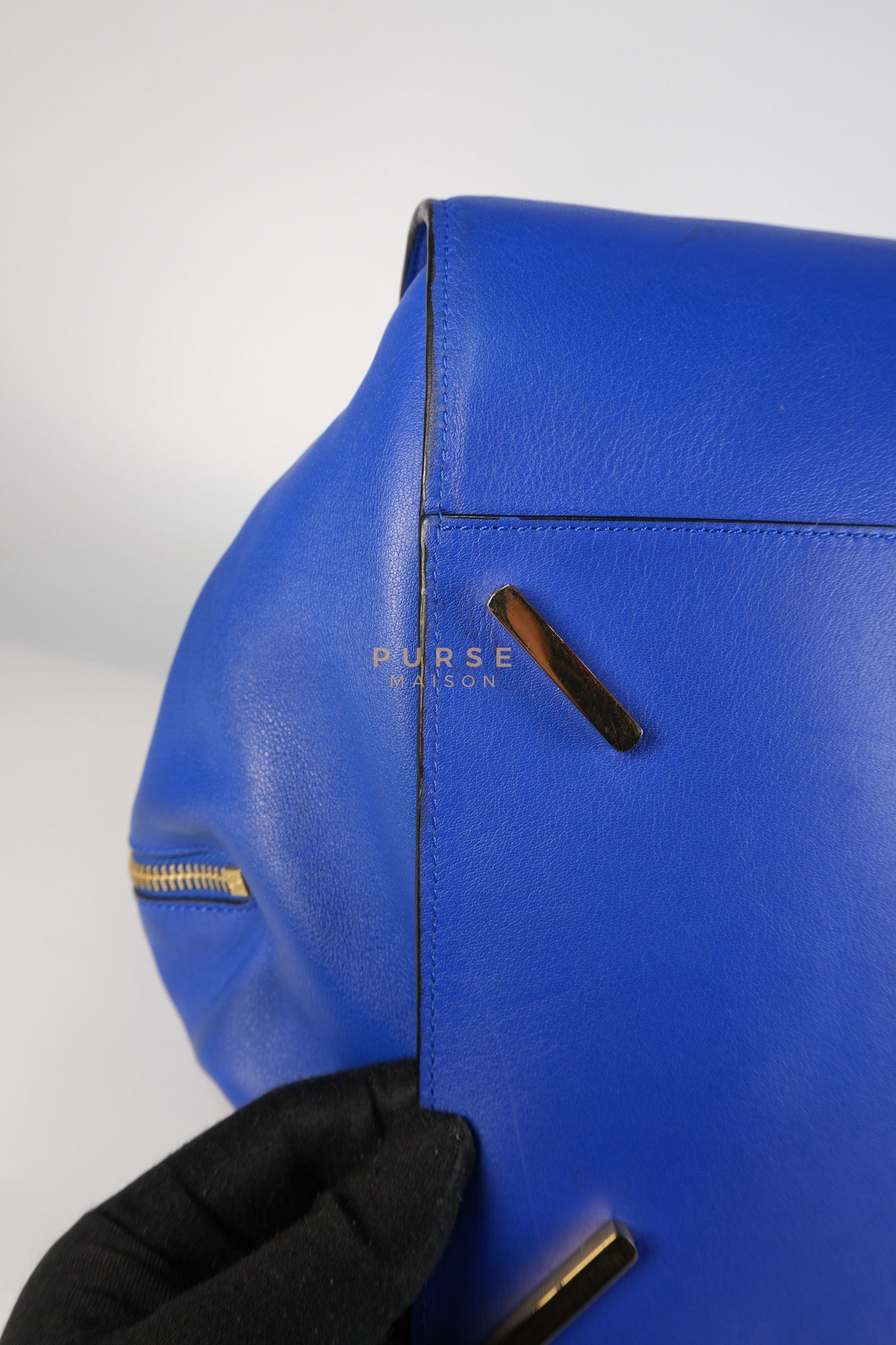 Compact Hammock Bag Large in Blue Calfskin Leather Gold Hardware | Purse Maison Luxury Bags Shop