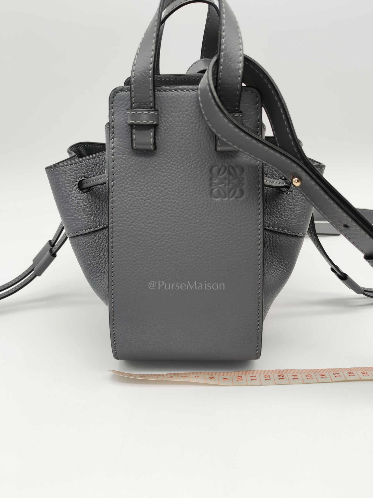 Loewe Mini Hammock Drawstring Bag in Gray Grained Calfskin Leather and Gold Hardware | Purse Maison Luxury Bags Shop