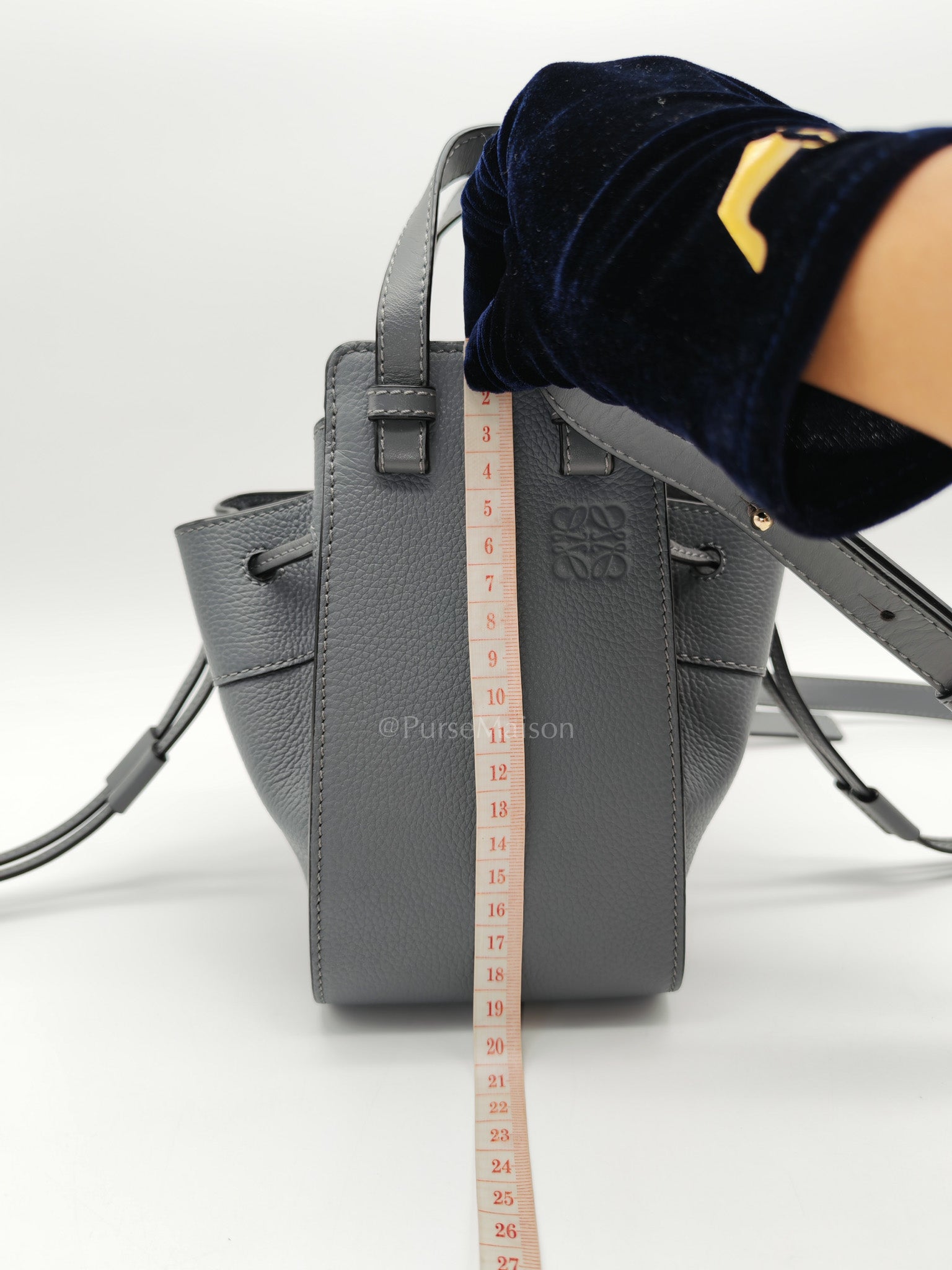 Loewe Mini Hammock Drawstring Bag in Gray Grained Calfskin Leather and Gold Hardware | Purse Maison Luxury Bags Shop