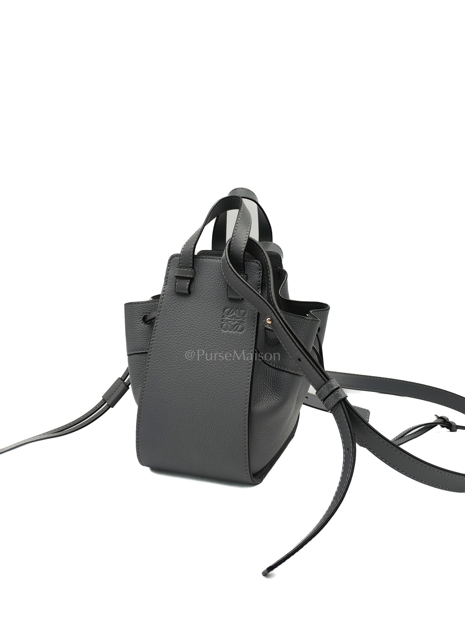 Loewe Mini Hammock Drawstring Bag in Gray Grained Calfskin Leather and Gold Hardware | Purse Maison Luxury Bags Shop