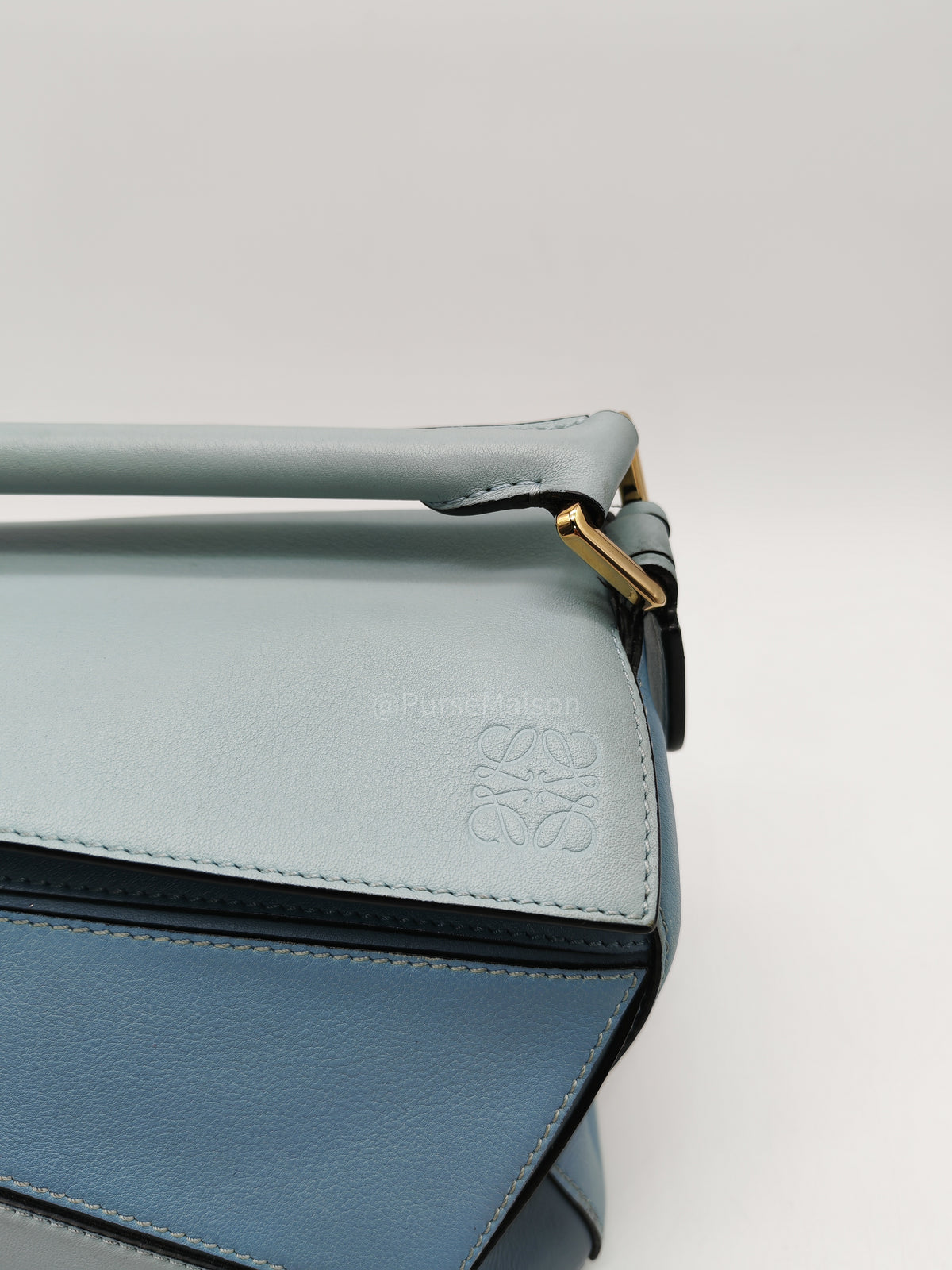 Loewe Puzzle Bag Small in Multi-tone Blue/Aqua Colorway Calfskin Leather and Gold Hardware | Purse Maison Luxury Bags Shop