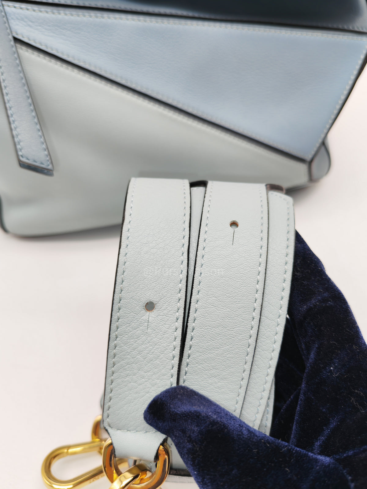 Loewe Puzzle Bag Small in Multi-tone Blue/Aqua Colorway Calfskin Leather and Gold Hardware | Purse Maison Luxury Bags Shop