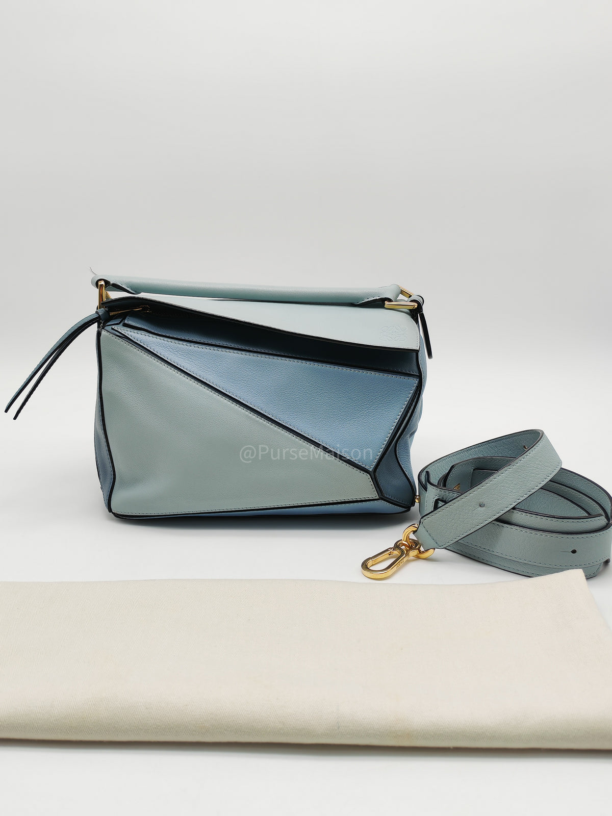 Loewe Puzzle Bag Small in Multi-tone Blue/Aqua Colorway Calfskin Leather and Gold Hardware | Purse Maison Luxury Bags Shop