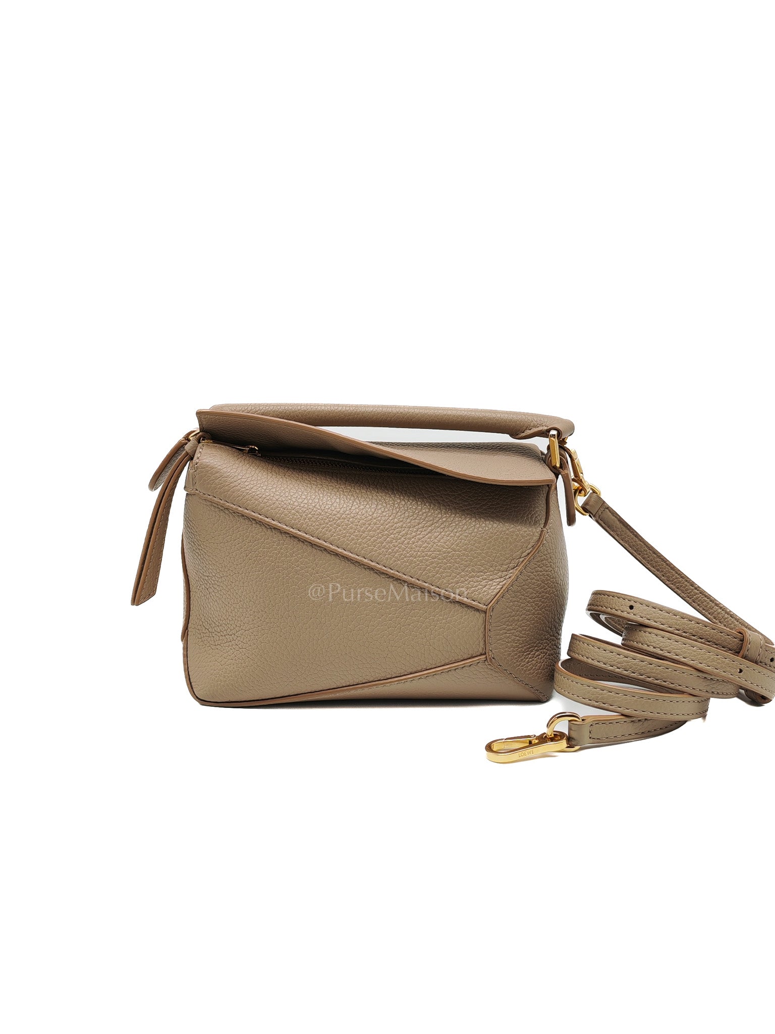 Loewe Puzzle Edge Bag in Dark Beige Soft Grained Calfskin Leather and Gold Hardware | Purse Maison Luxury Bags Shop