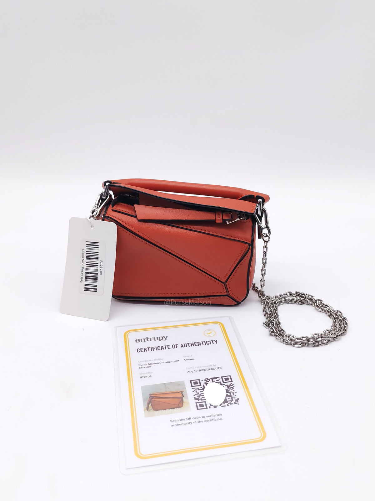Loewe Puzzle Nano Bag in Red Orange Calfskin Leather Silver Hardware | Purse Maison Luxury Bags Shop