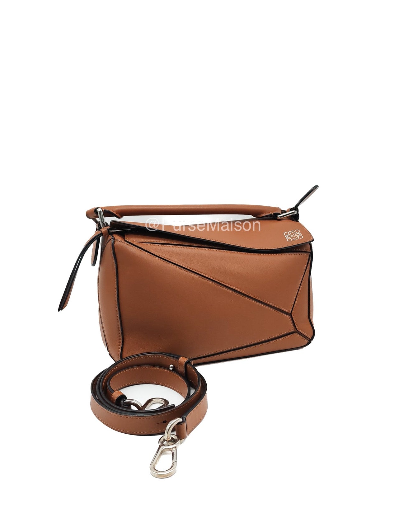 Loewe Puzzle Small Bag in Tan Calfskin Leather and Silver Hardware | Purse Maison Luxury Bags Shop