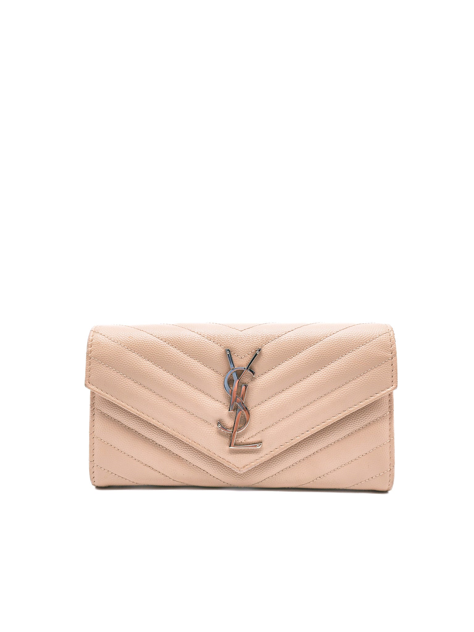 Long Flap Wallet in Nude Pink Grain De Poudre Leather Silver Hardware | Purse Maison Luxury Bags Shop