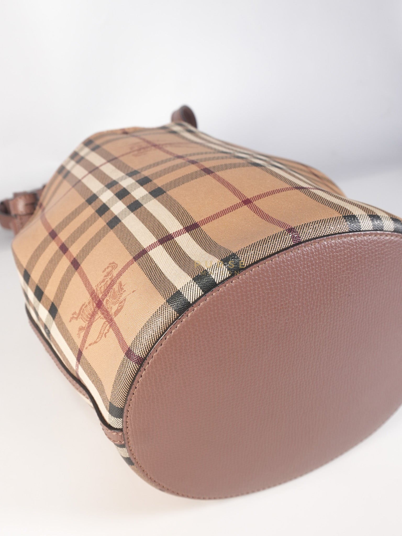 Lorne Small Haymarket Check Bucket Bag – Light Elderberry/Leather | Purse Maison Luxury Bags Shop