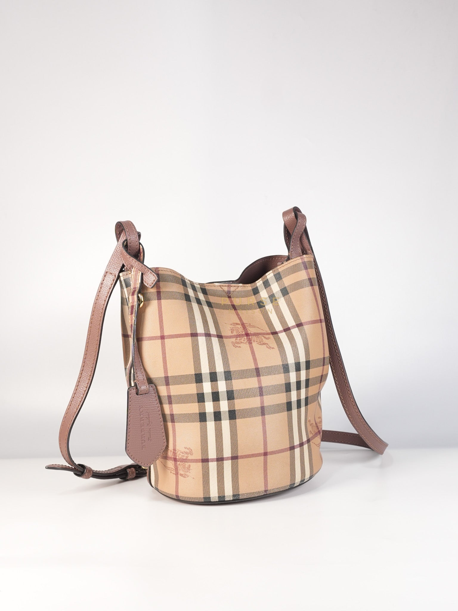 Lorne Small Haymarket Check Bucket Bag – Light Elderberry/Leather | Purse Maison Luxury Bags Shop