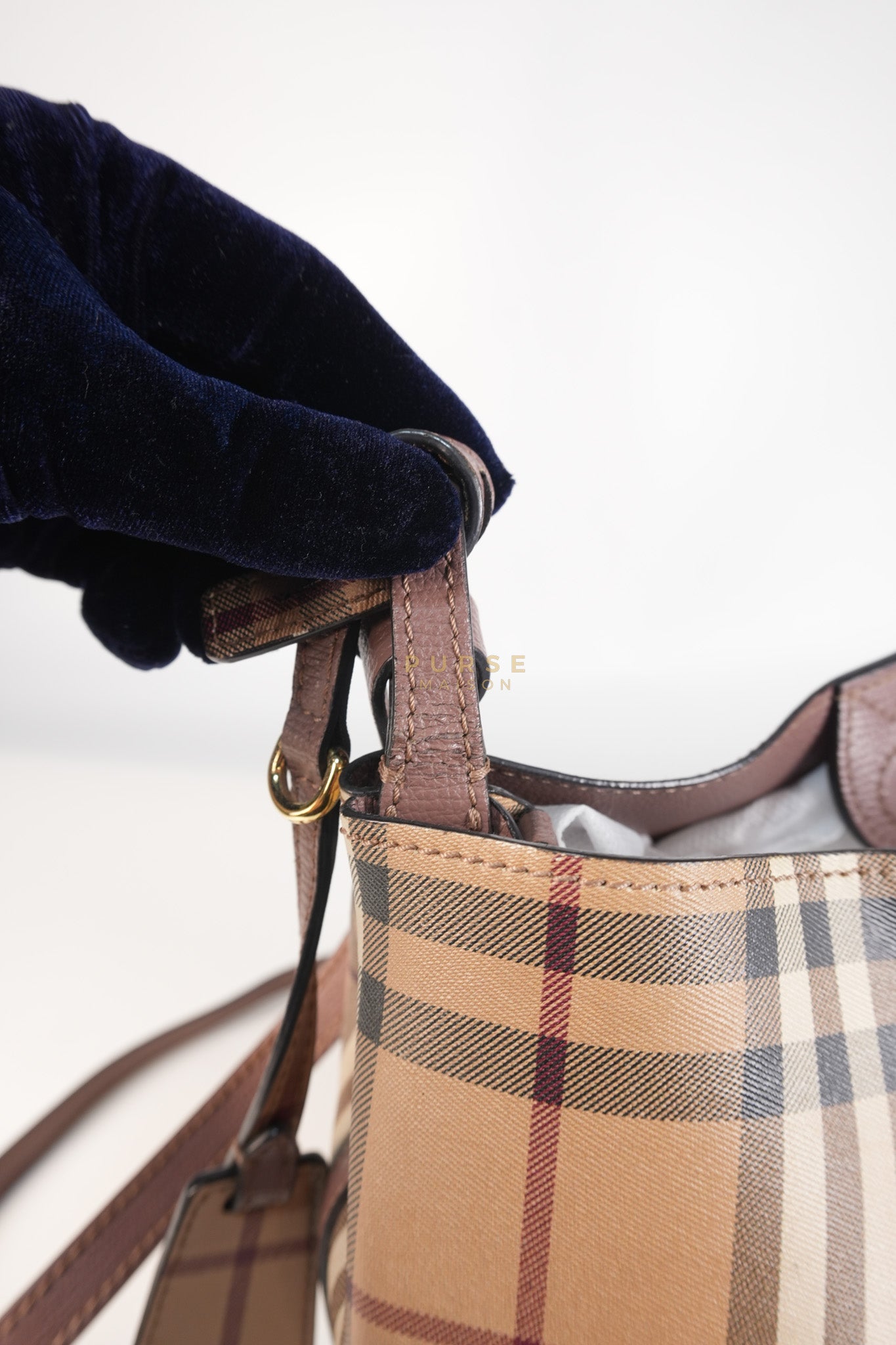 Lorne Small Haymarket Check Bucket Bag – Light Elderberry/Leather | Purse Maison Luxury Bags Shop