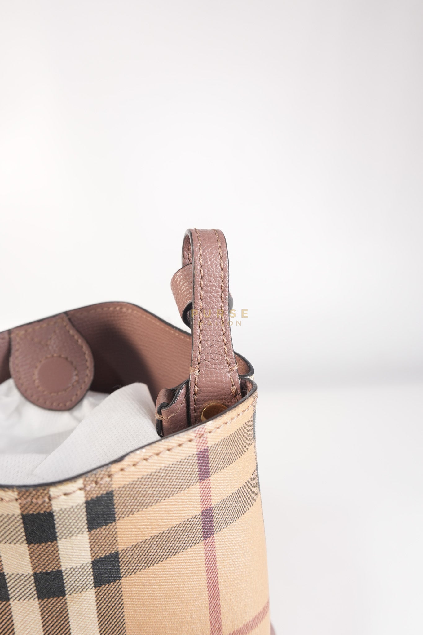 Lorne Small Haymarket Check Bucket Bag – Light Elderberry/Leather | Purse Maison Luxury Bags Shop