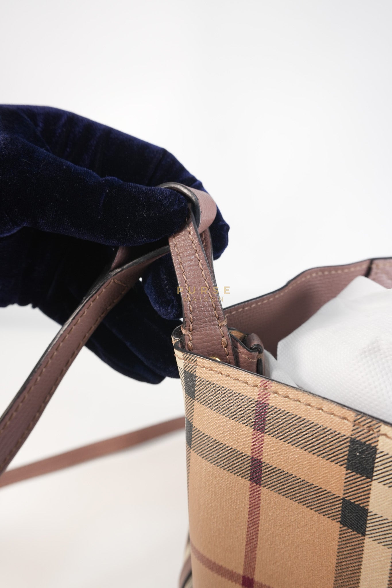 Lorne Small Haymarket Check Bucket Bag – Light Elderberry/Leather | Purse Maison Luxury Bags Shop