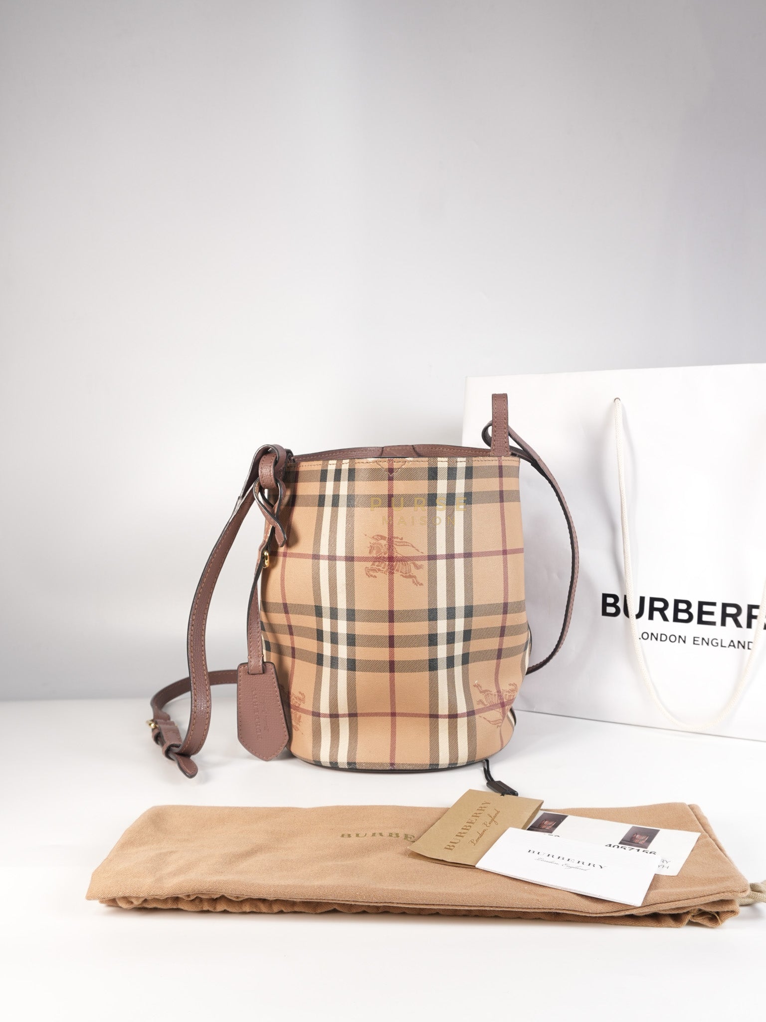 Lorne Small Haymarket Check Bucket Bag – Light Elderberry/Leather | Purse Maison Luxury Bags Shop