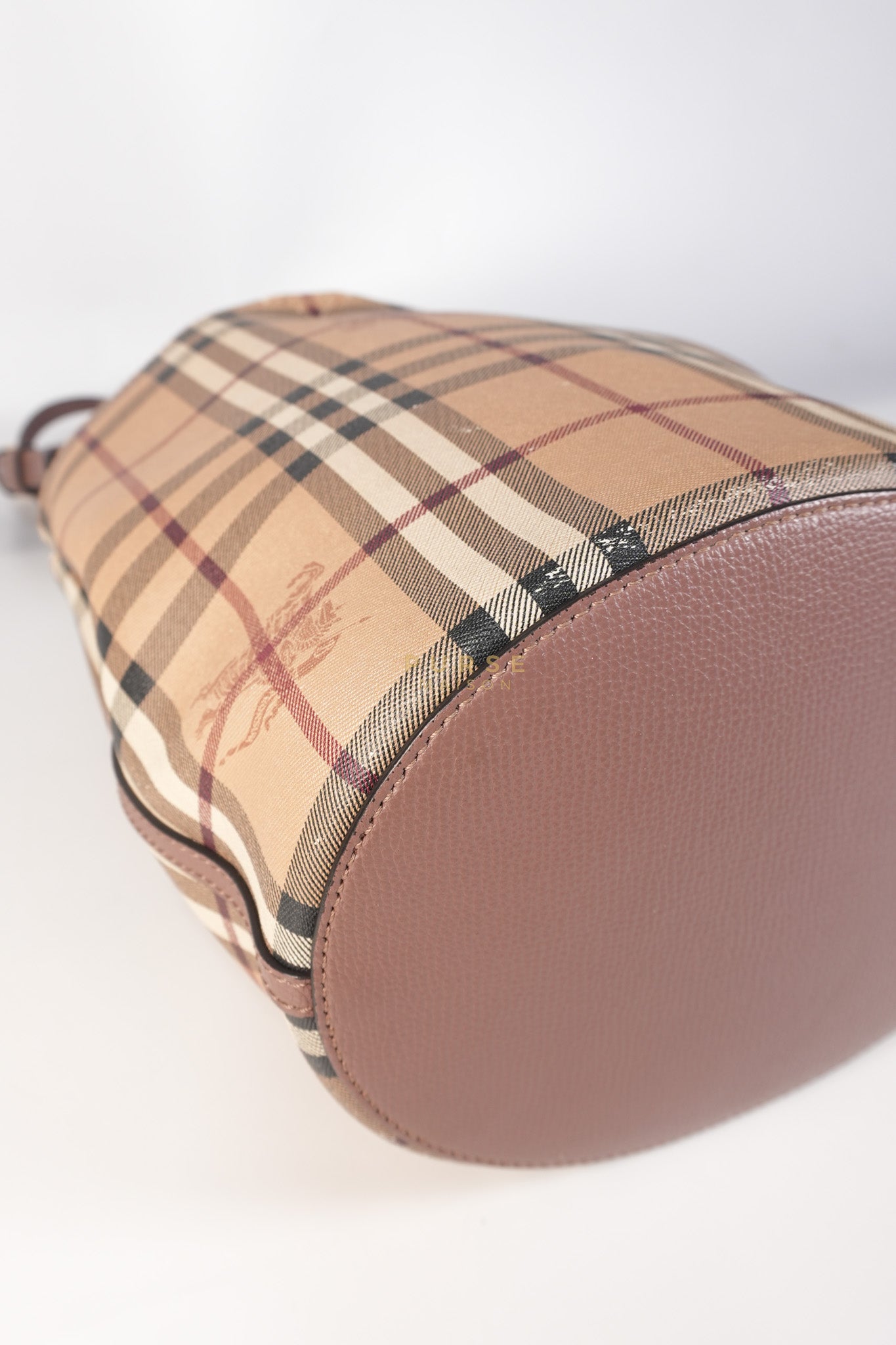 Lorne Small Haymarket Check Bucket Bag – Light Elderberry/Leather | Purse Maison Luxury Bags Shop