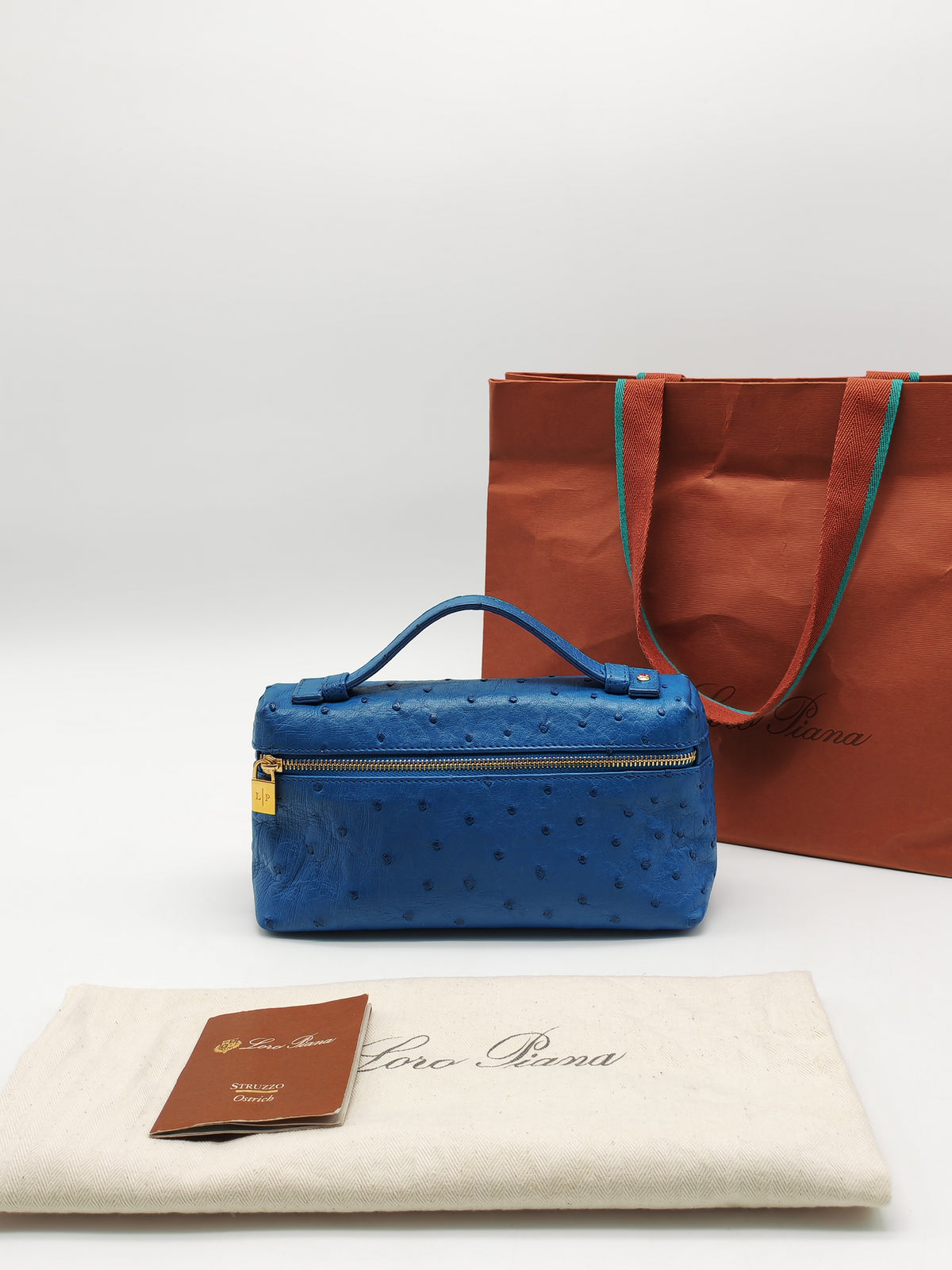 Loro Piana Extra Pocket L19 Bag in Blue Ostrich Leather (no strap) | Purse Maison Luxury Bags Shop