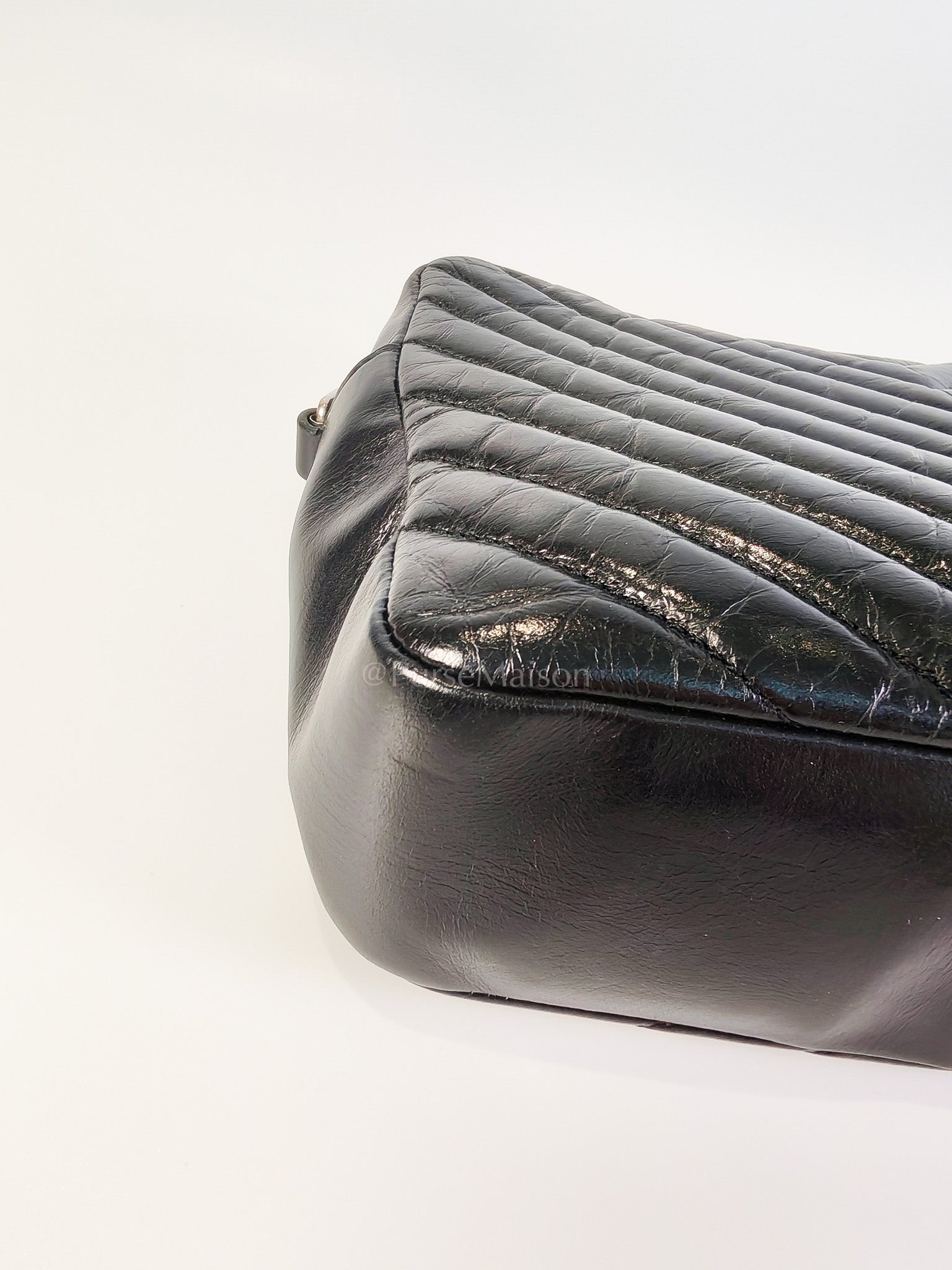 Lou Camera Bag in Black Chevron Quilted Leather & Silver Hardware | Purse Maison Luxury Bags Shop