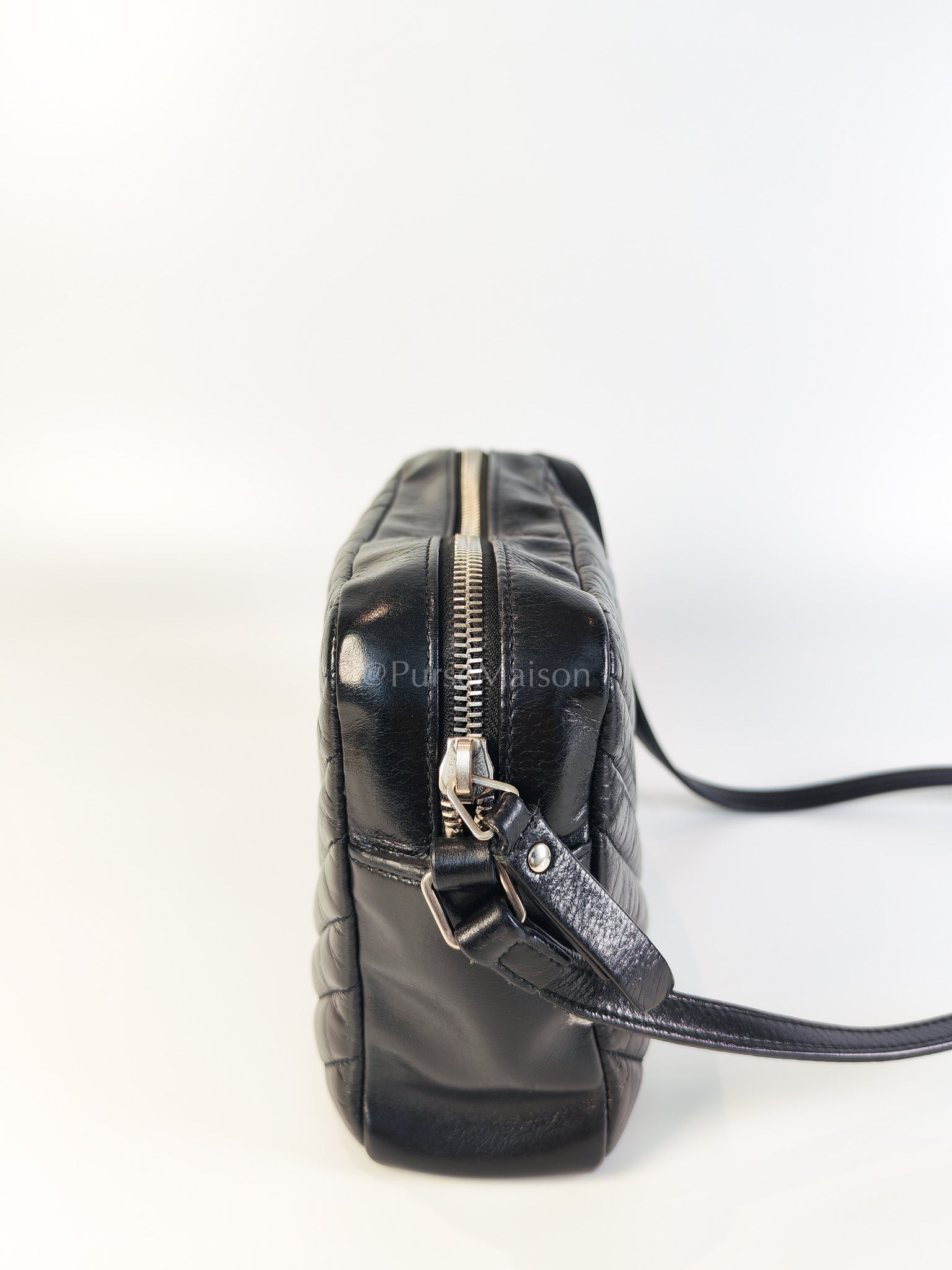 Lou Camera Bag in Black Chevron Quilted Leather & Silver Hardware | Purse Maison Luxury Bags Shop