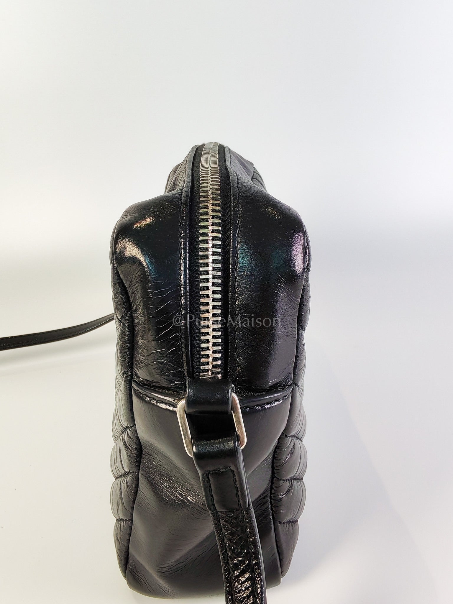 Lou Camera Bag in Black Chevron Quilted Leather & Silver Hardware | Purse Maison Luxury Bags Shop