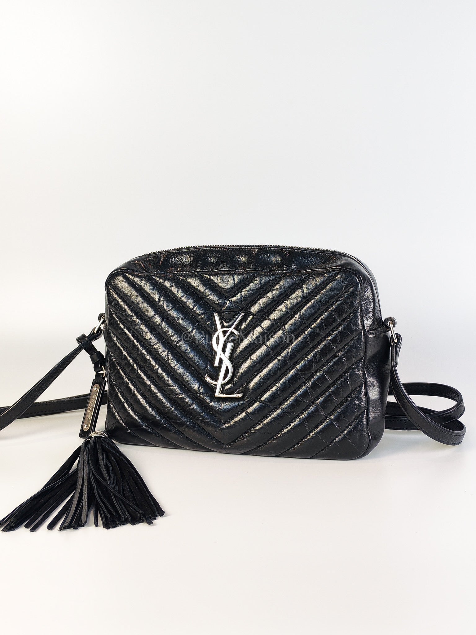 Lou Camera Bag in Black Chevron Quilted Leather & Silver Hardware | Purse Maison Luxury Bags Shop