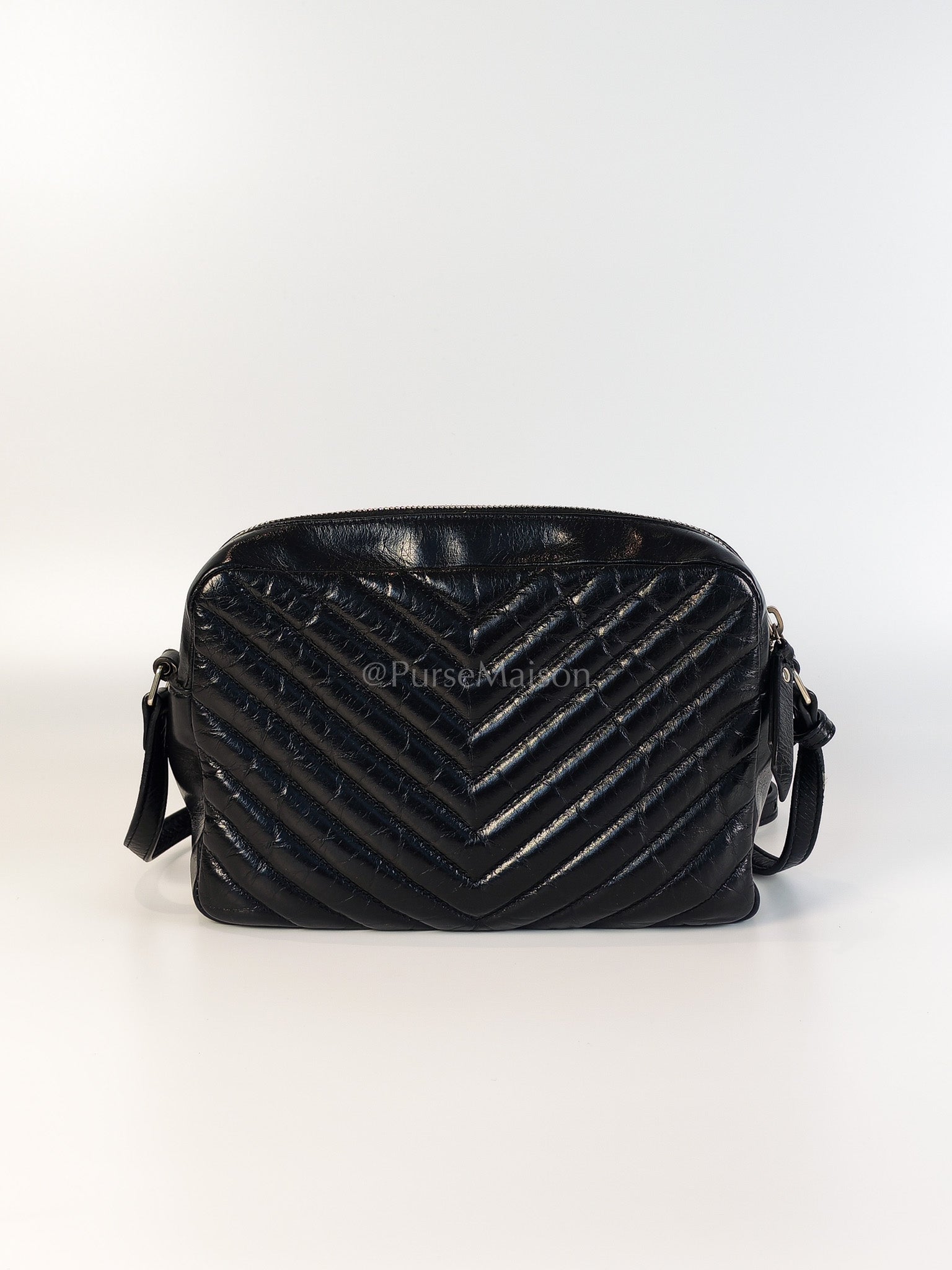 Lou Camera Bag in Black Chevron Quilted Leather & Silver Hardware | Purse Maison Luxury Bags Shop