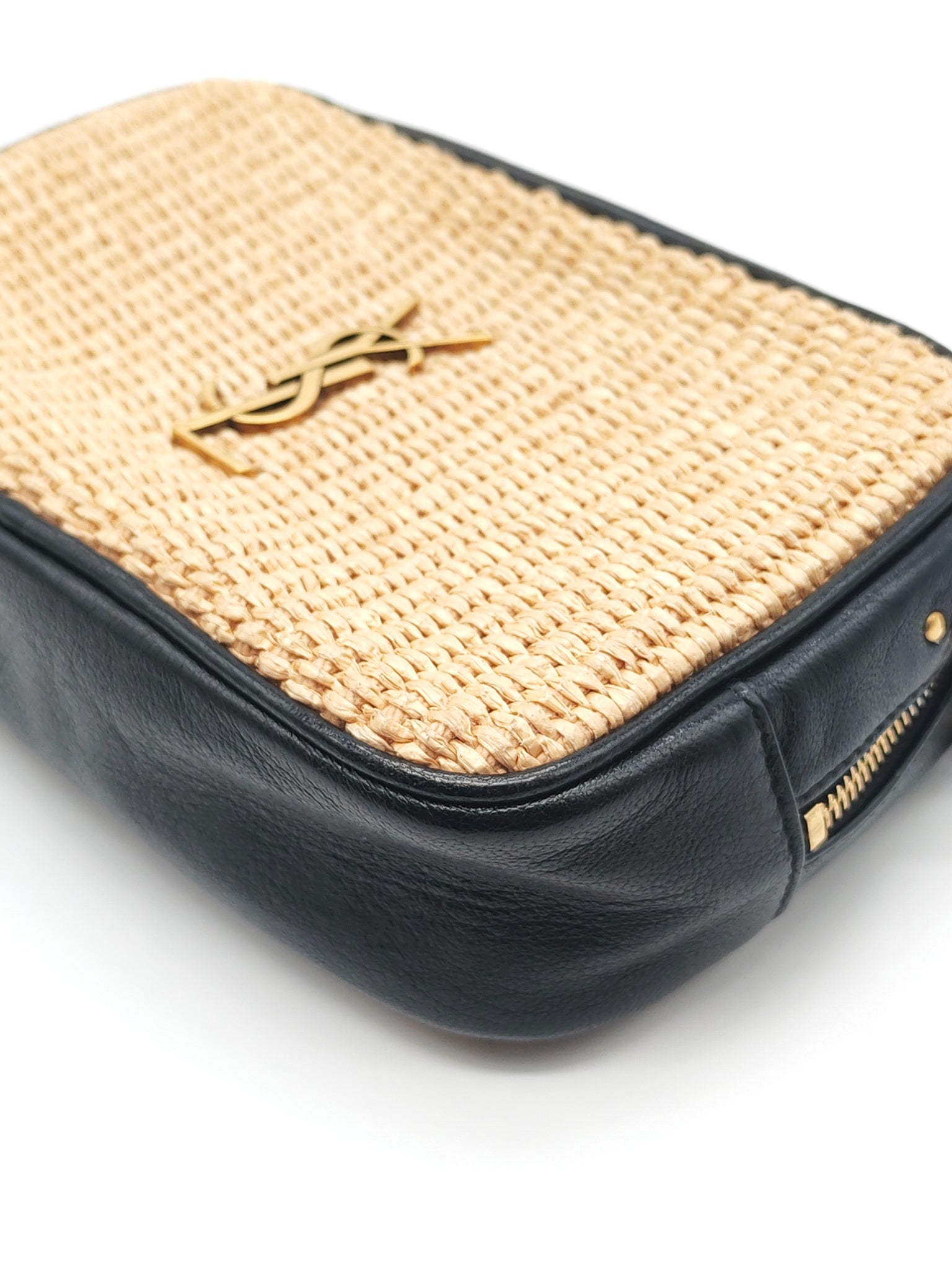 Lou Camera Bag in Black Trimmed Raffia Canvas | Purse Maison Luxury Bags Shop