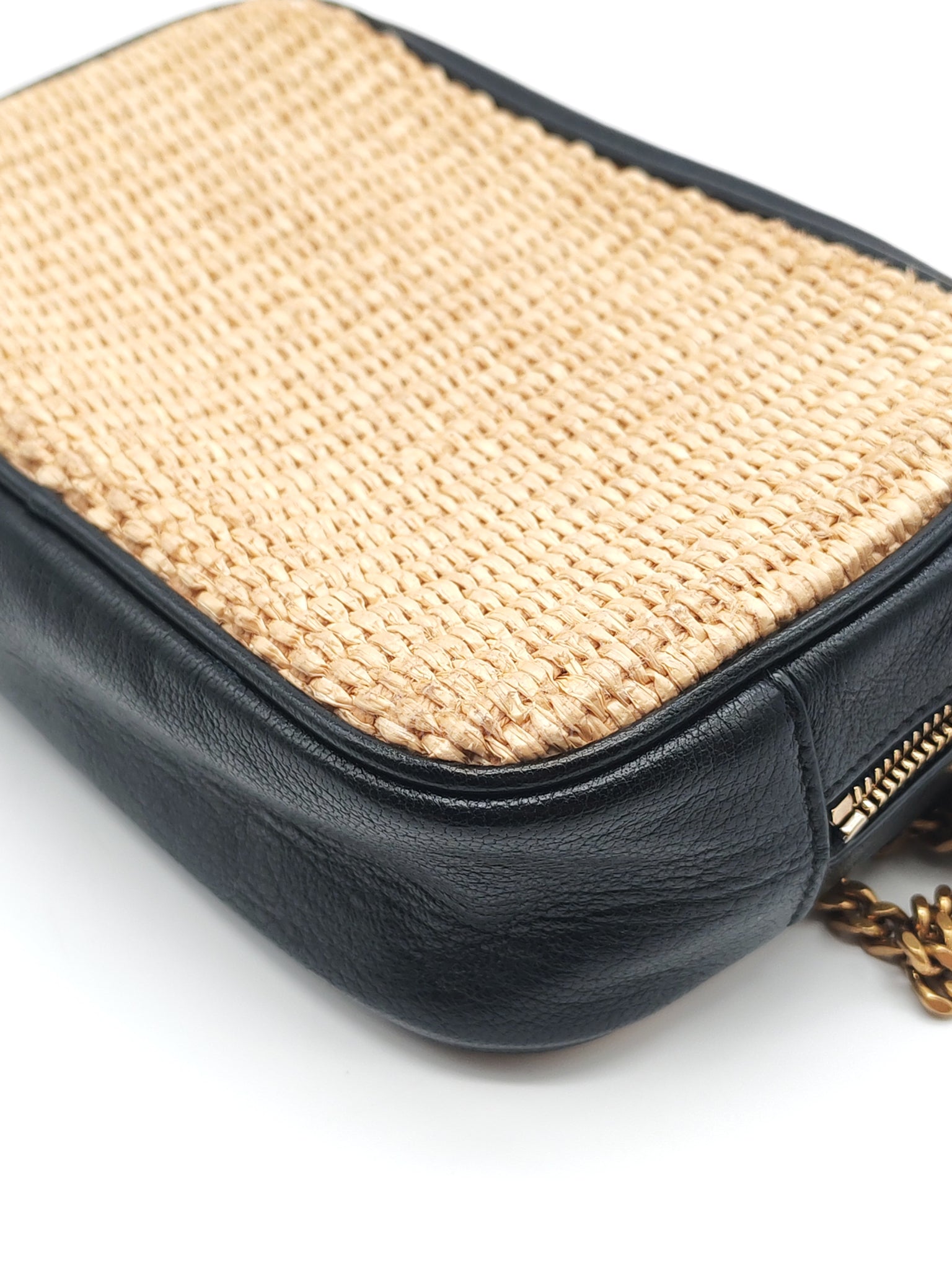 Lou Camera Bag in Black Trimmed Raffia Canvas | Purse Maison Luxury Bags Shop
