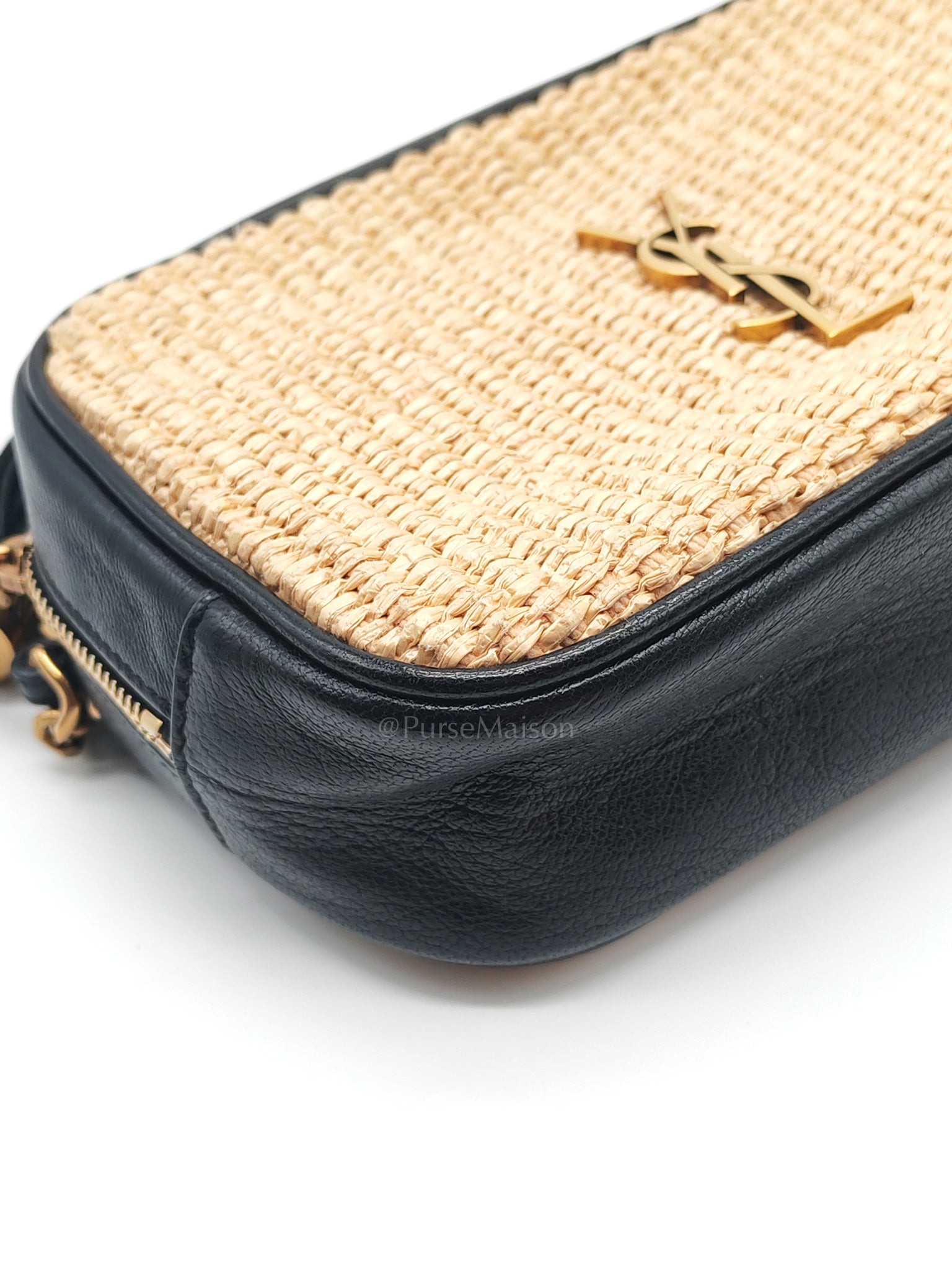 Lou Camera Bag in Black Trimmed Raffia Canvas | Purse Maison Luxury Bags Shop