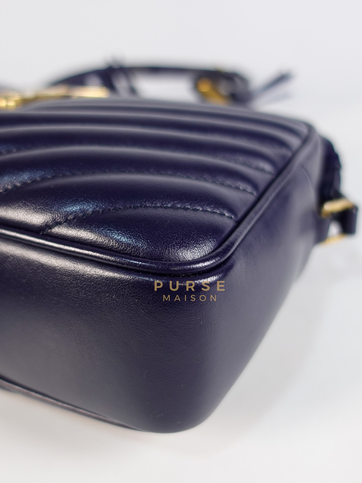 Lou Camera Bag in Navy Blue Calfskin Leather & Gold Hardware | Purse Maison Luxury Bags Shop