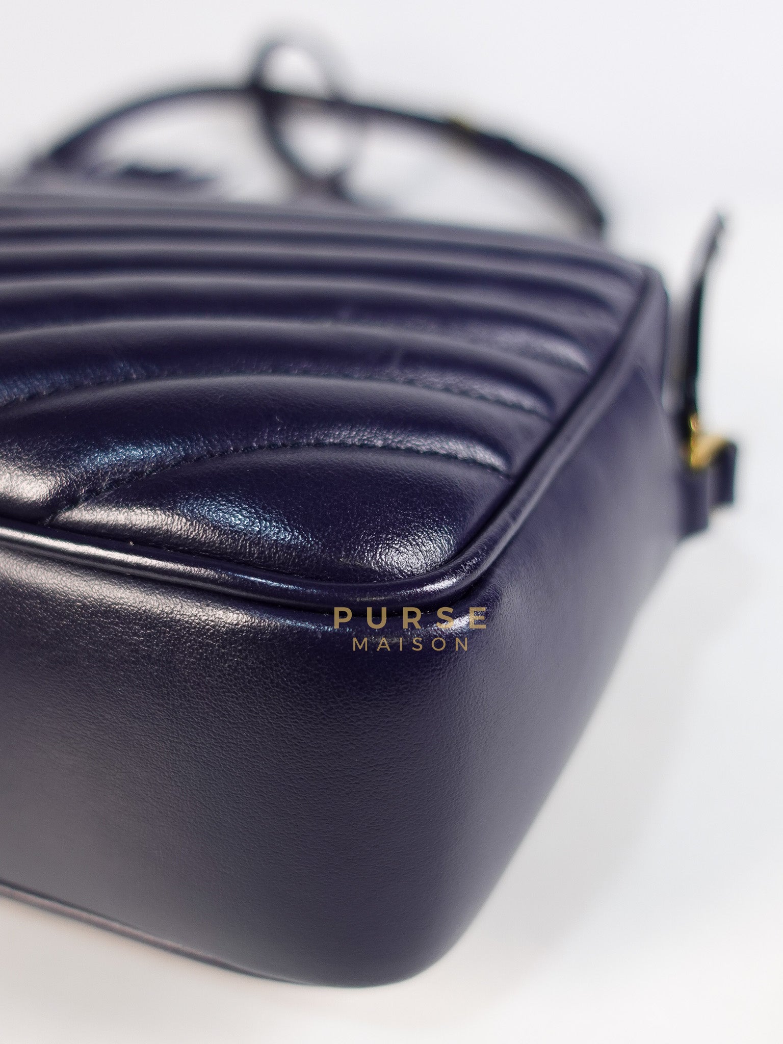 Lou Camera Bag in Navy Blue Calfskin Leather & Gold Hardware | Purse Maison Luxury Bags Shop