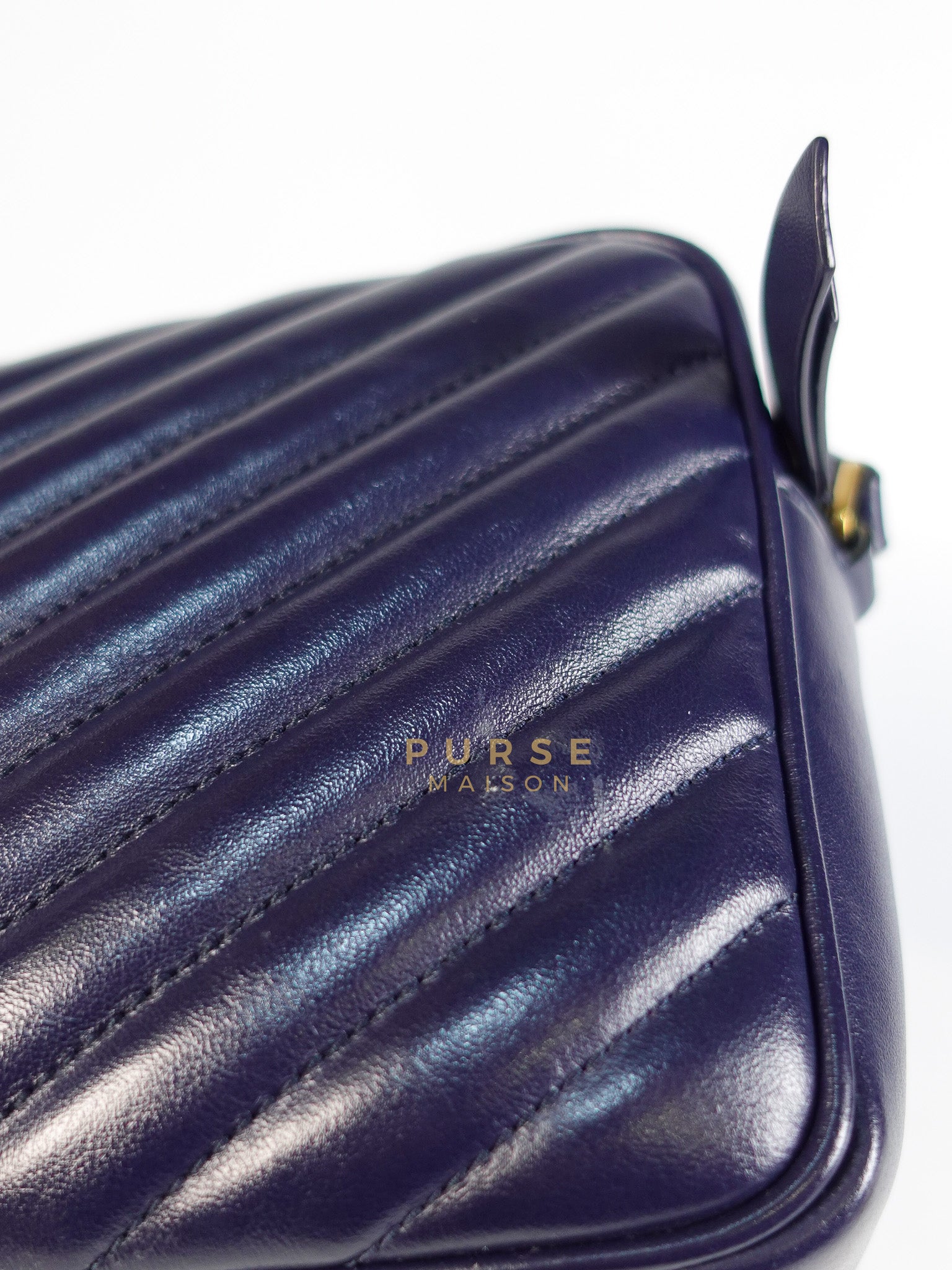 Lou Camera Bag in Navy Blue Calfskin Leather & Gold Hardware | Purse Maison Luxury Bags Shop