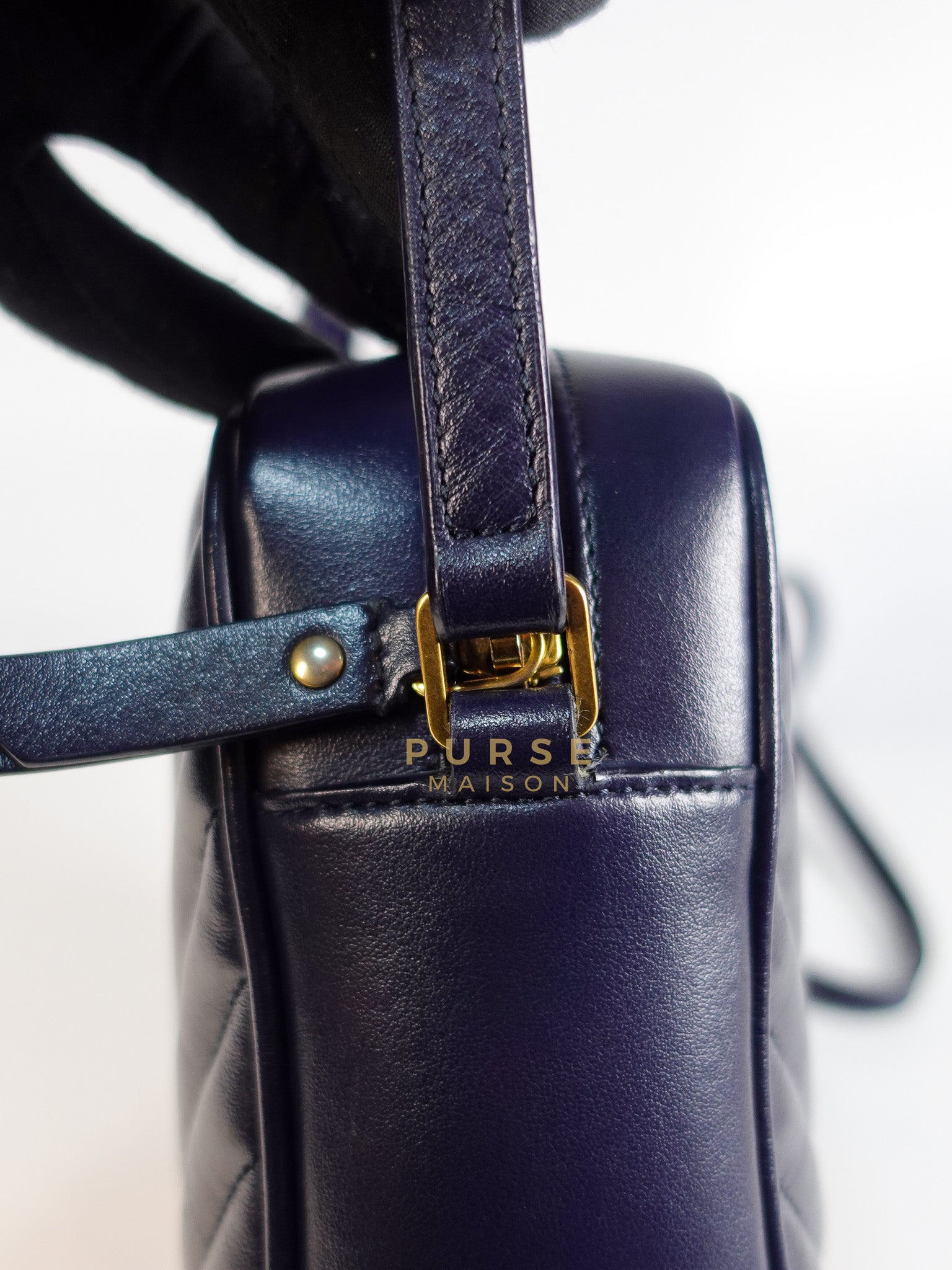 Lou Camera Bag in Navy Blue Calfskin Leather & Gold Hardware | Purse Maison Luxury Bags Shop