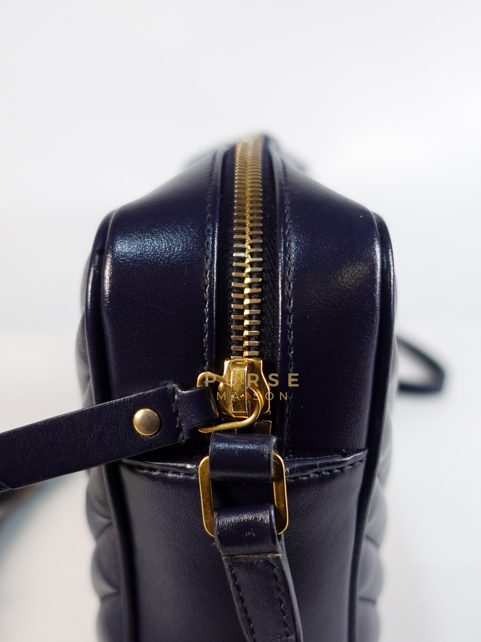 Lou Camera Bag in Navy Blue Calfskin Leather & Gold Hardware | Purse Maison Luxury Bags Shop