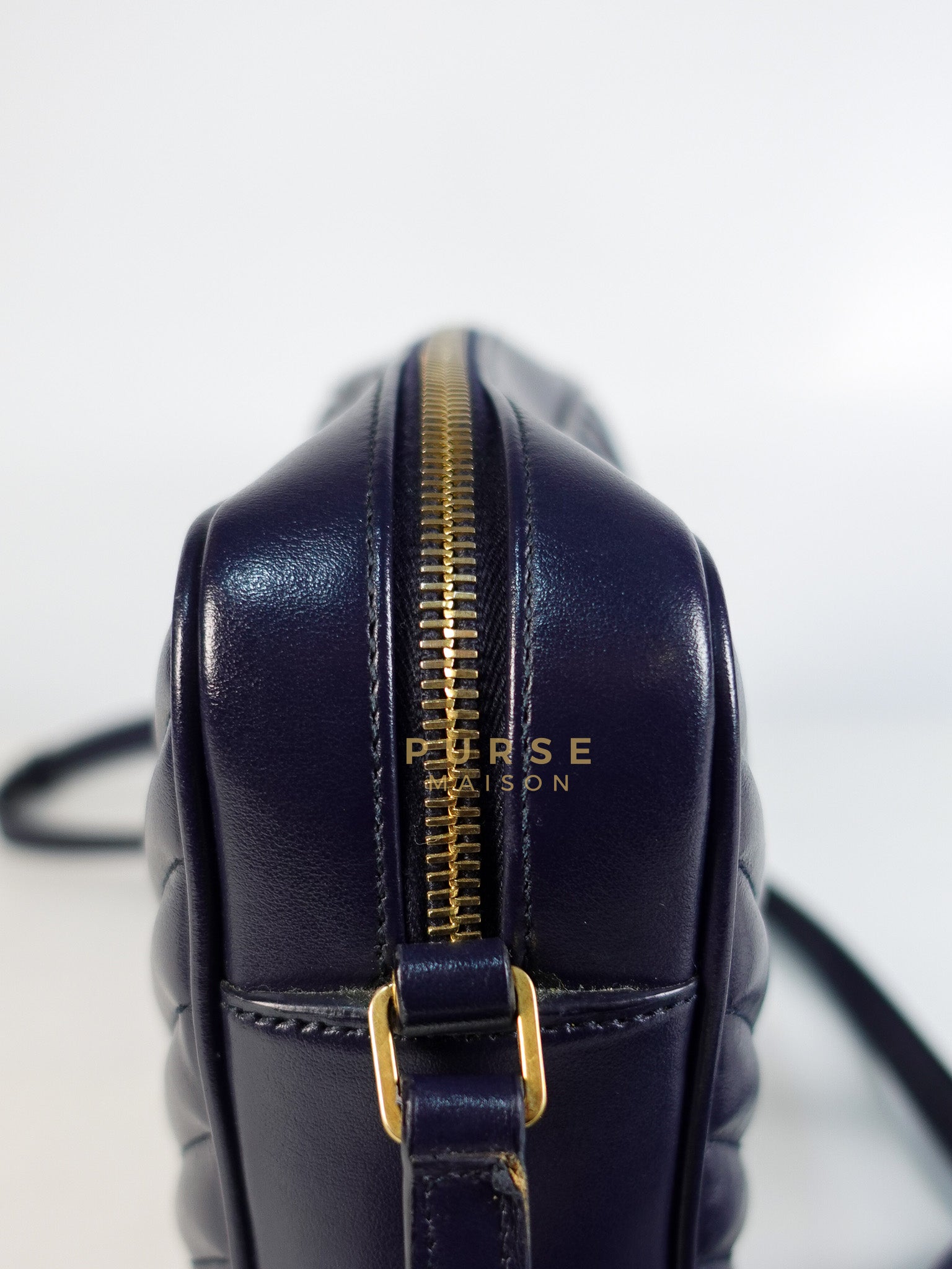 Lou Camera Bag in Navy Blue Calfskin Leather & Gold Hardware | Purse Maison Luxury Bags Shop